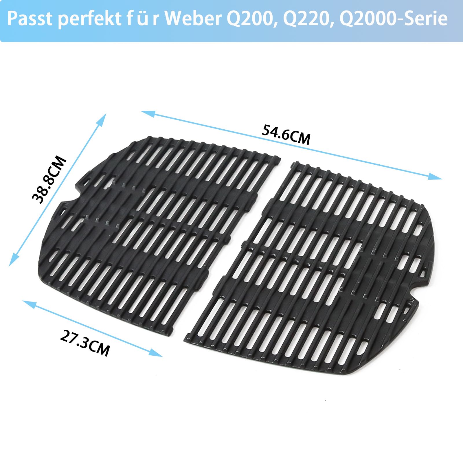 27,3 x 38,8cm Grillrost für Weber Q200, Q220, Q260, Q2000, Q2200, Q2400 Series Gasgrills, Gusseisen Grillrost Ersatzteile Zubehör for Weber 7645, 65811, 2 Stück
