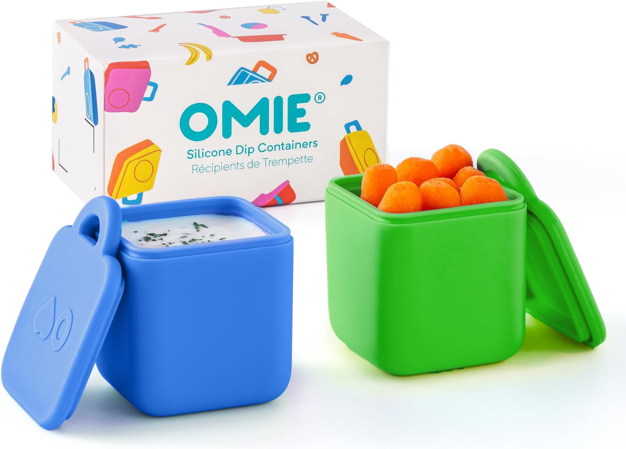 OmieBox (2 pack) Leakproof Dips Containers To Go, Salad Dressing Container, Condiment Container with Lids - Food Safe Silicone - 4 ounces (Sea Blue/Green)
