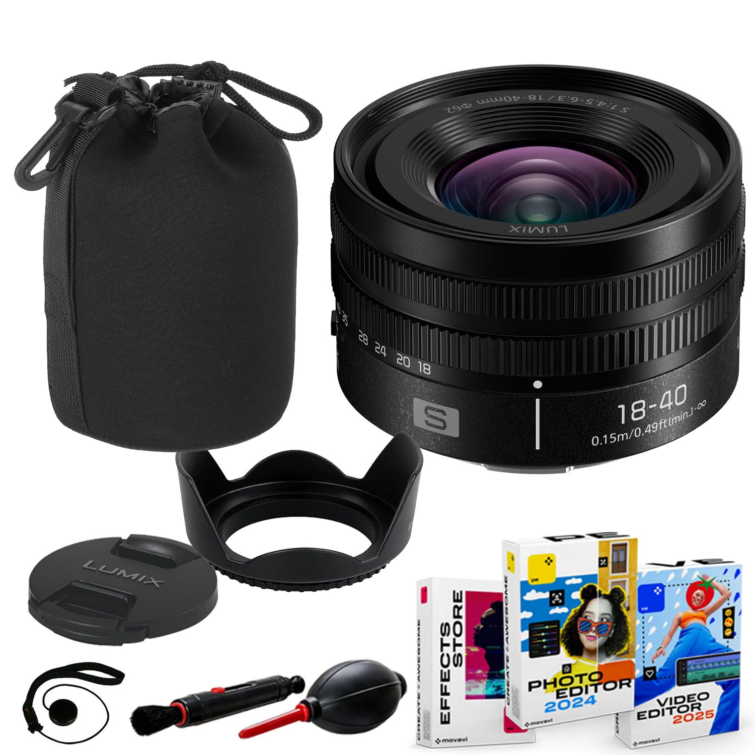 LUMIX S 18-40mm f/4.5-6.3 Lens Bundle + Lens Hood by Panasonic – Black, Pack of 11, Model BH52-PAN1840S-72126