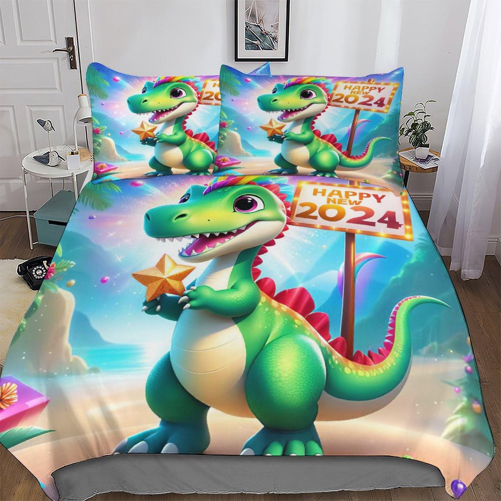 Parure de lit dinosaure en microfibre douce housse de couette king 3 pièces