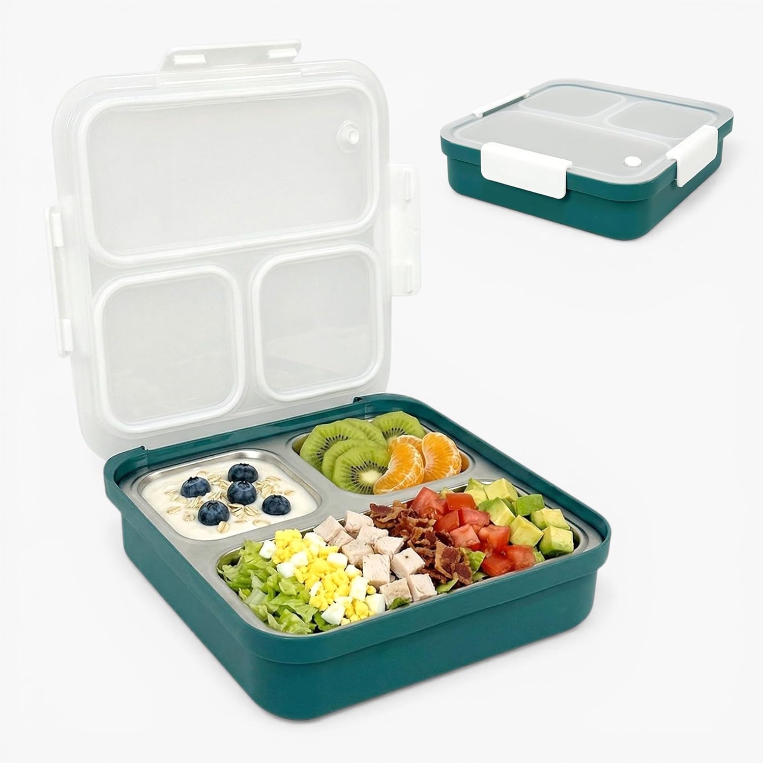 Kin & Dwell Stainless Steel SUS316 Lunch Box, Large Capacity, 3 Compartments Metal Bento Box for Kids & Adults, Leak-Proof for School, Office, Dishwasher Safe (Teal)