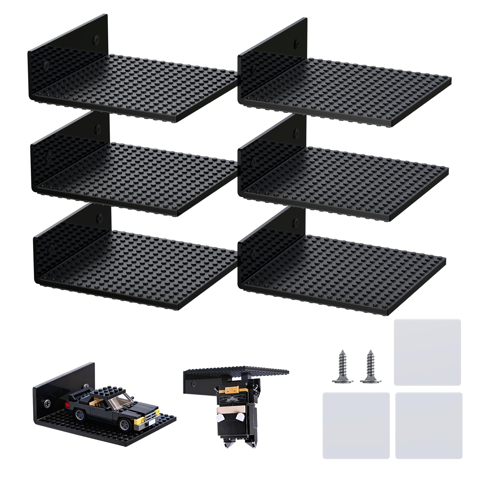 6-Pack Acrylic Floating Display Shelves for Wall,Compatible with LEGO Building Bricks,Dual-Sided Shelves with 16x16 Studs for LEGO Toy Brick Storage and Display (Black, 6-Pack( 5.04×5.31×2.17 in))