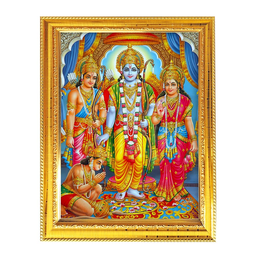 Ramdarbar Hindu God Photo With Golden Frame Table Wall Pooja Room Worship Religious Spiritual 8.3X6.5