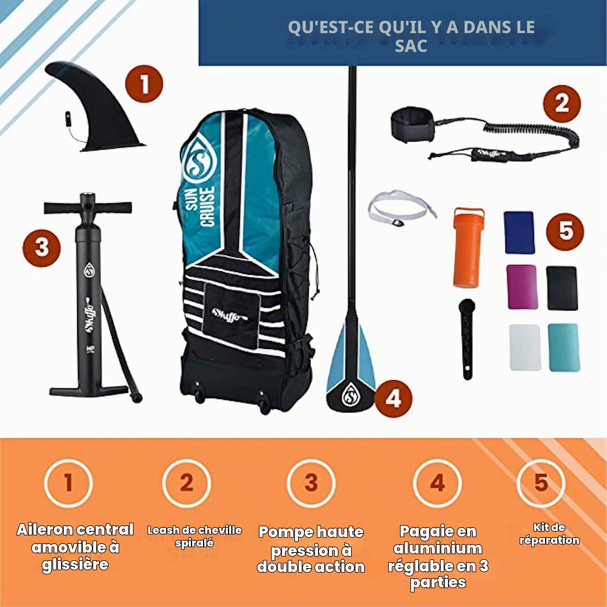 Skiffo - Sup Stand Up Paddle Gonflable Sun Cruise 11'2 - PB-SSC112C - Planche Gonflable Dropstitch Double Couche Fusionné avec Pack Pagaie, Leash, Pompe et Sac de Transport - 322l - 340x84x15cm