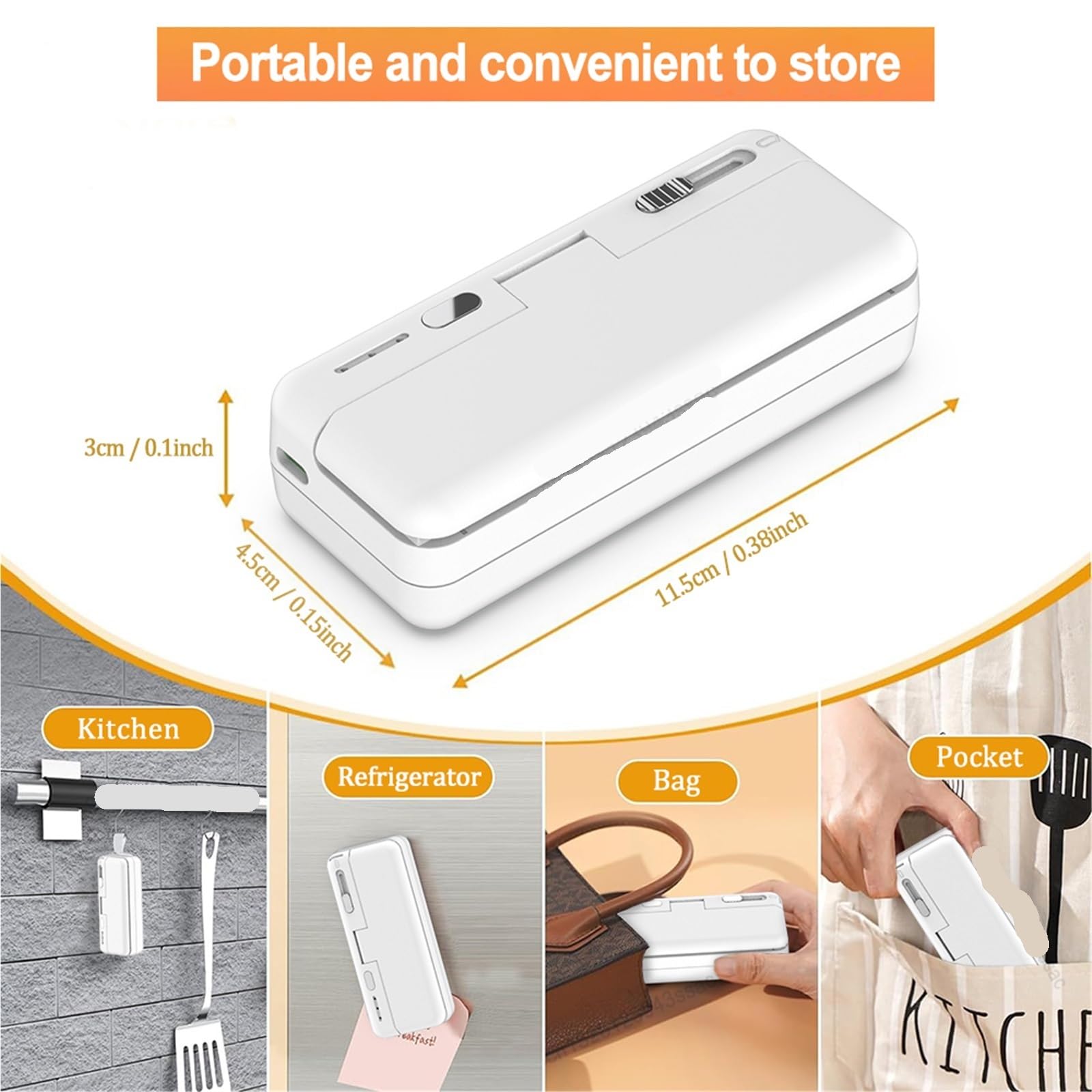 Máquina selladora al vacío, Mini Sellador De Bolsas Plástico, Comida Portátil Mano 2 En 1, Selladores Térmicos Calor Embalaje Recargables,Selladora de alimentos(White)