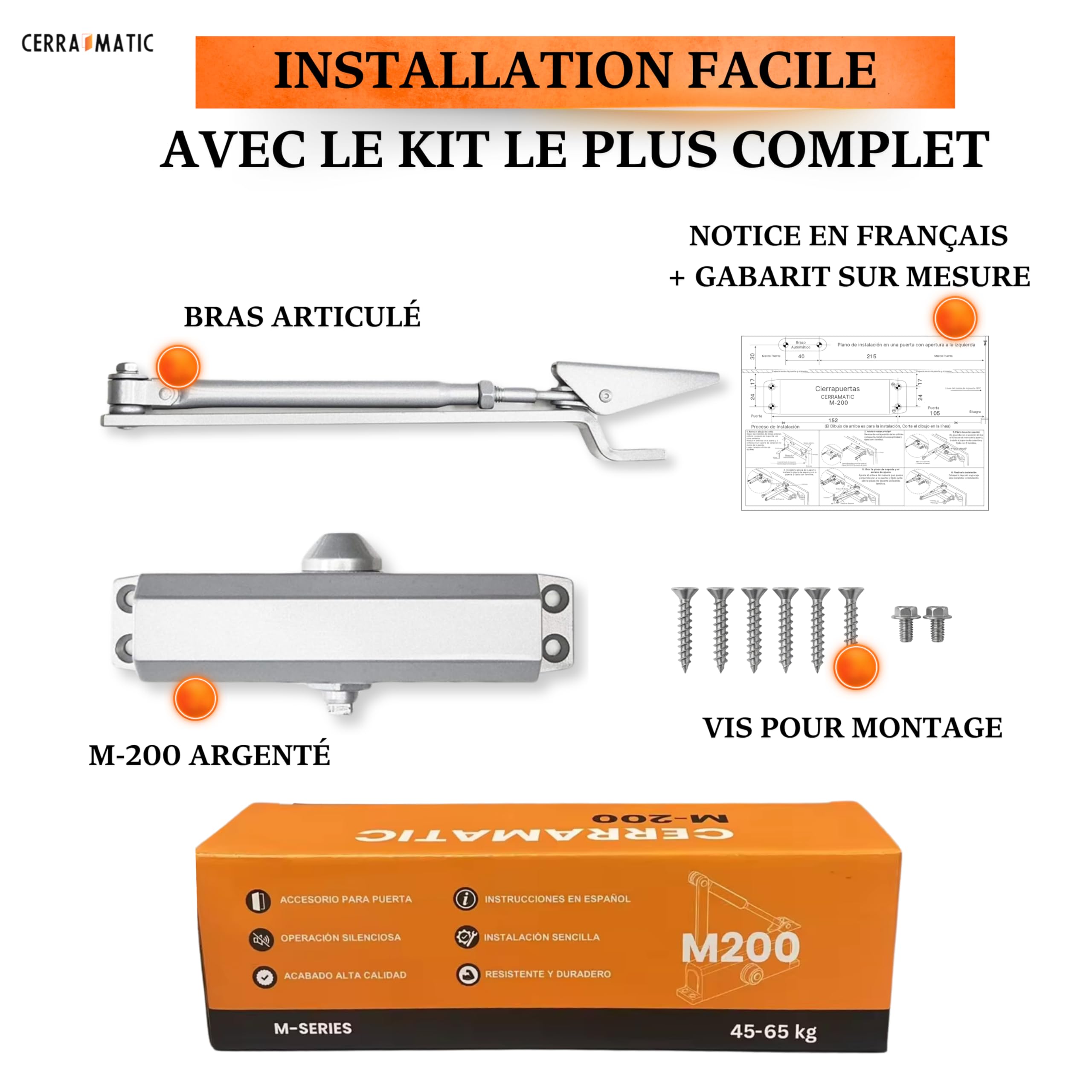 M-200 Ferme Porte – Groom Hydraulique à Bras Articulé, Fermeture Porte Automatique Silencieuse, Amortisseur 40-65kg, Anti Claquement
