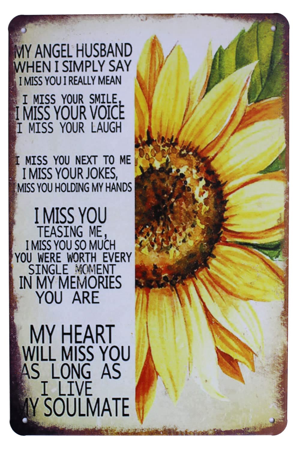 My Angel Husband Miss You My Heart Sunflowers Vintage Tin Metal Sign Home Wall Plaque Decor (Miss)