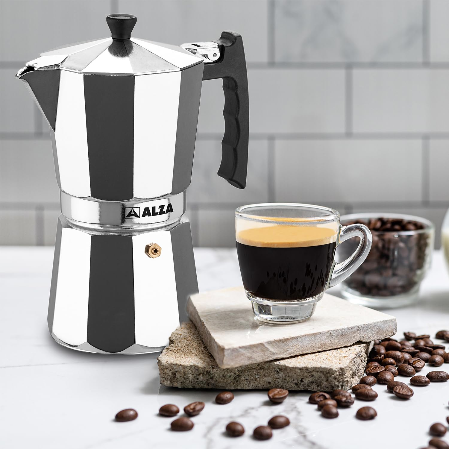 ALZA Kaldi - Cafetera Italiana de 9 Tazas, Aluminio, Inducción, Todo Tipo de Cocinas, Apta para Lavavajillas, Asa de Fibra, Cierre Hermético