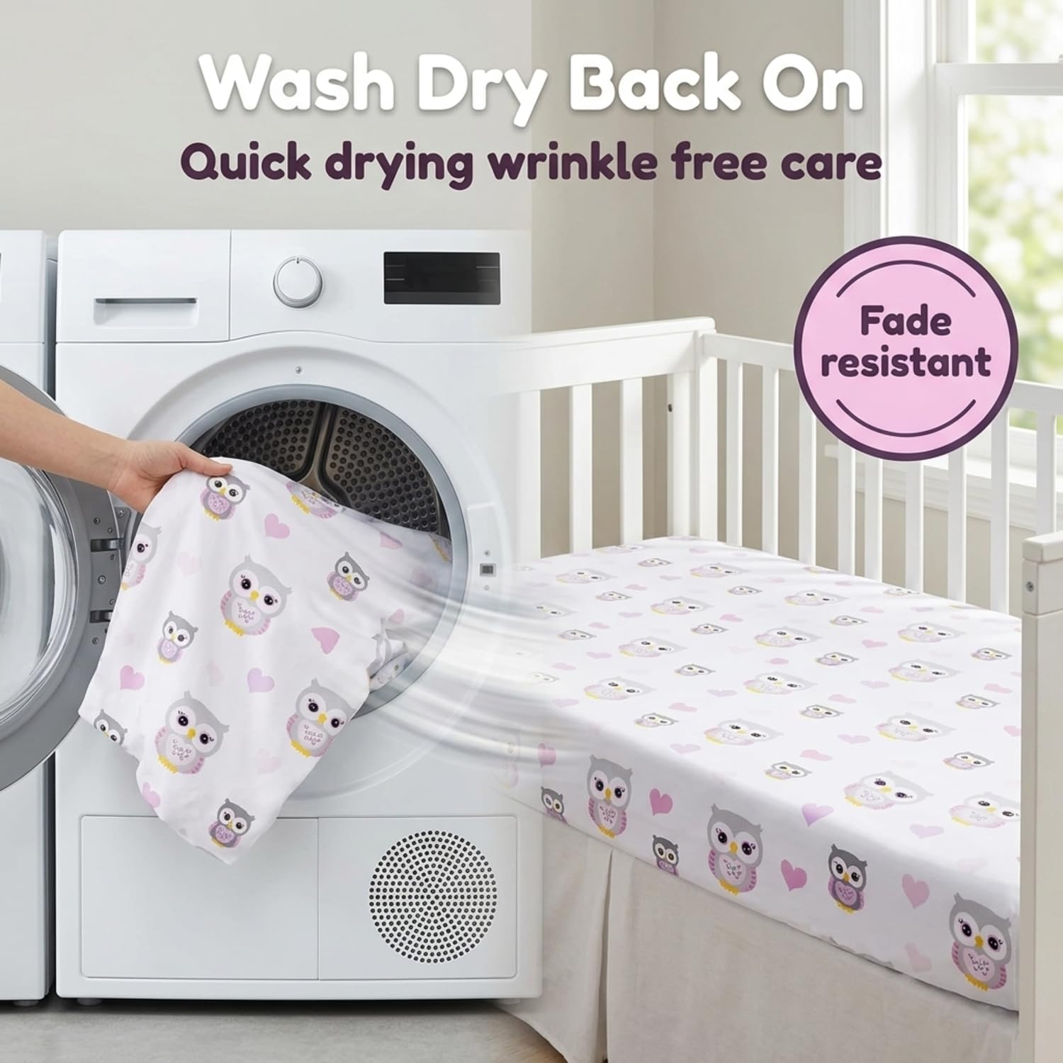 Paquete de 2 sábanas bajeras para cuna para niñas en 100% algodón de punto jersey – Sábanas de colchón de cuna para niña con un tema natural de búhos con corazones morados y rosas y una sábana gris