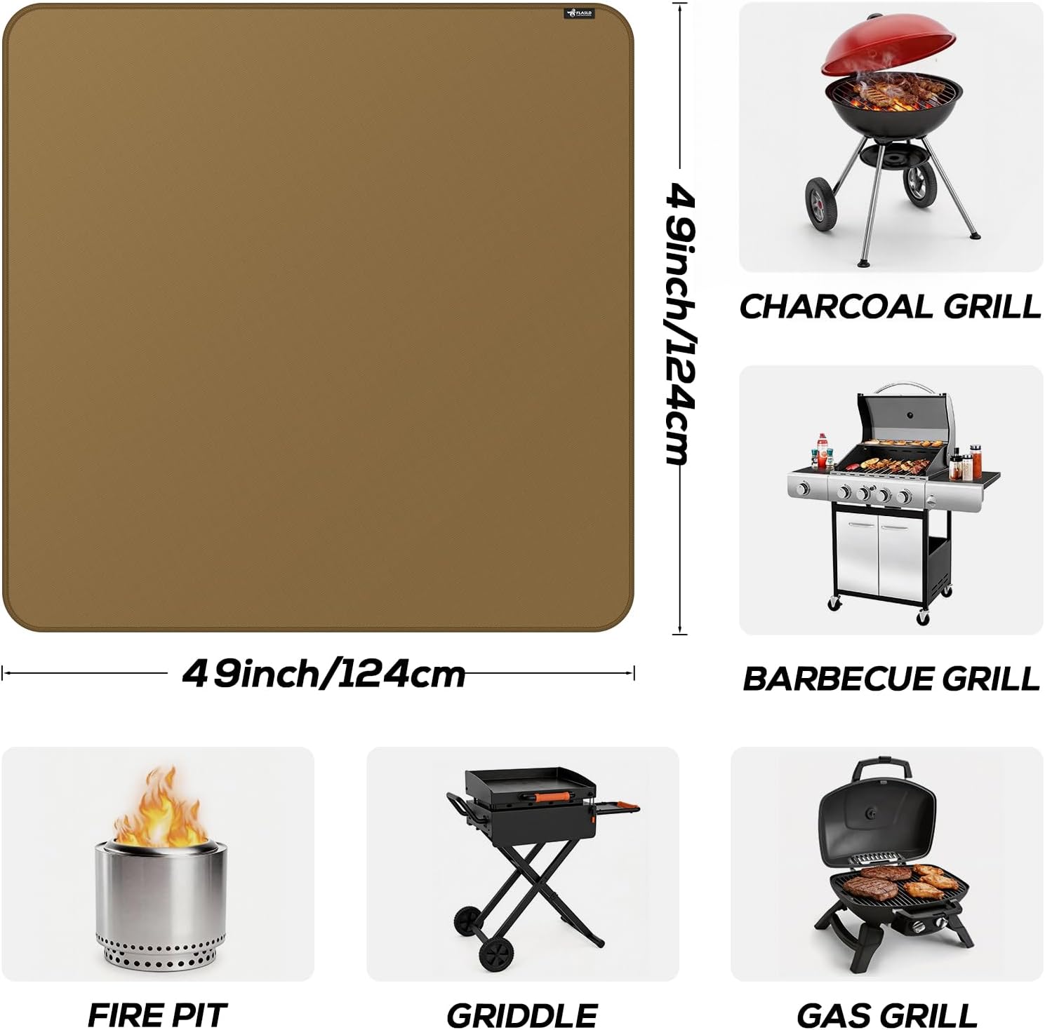 FLASLD Heavy-Duty Under Grill Mat 49inch Square Fire Pit Mat, Large Fireproof Waterproof Grill Pads Protect for Deck,Patio,Outdoor Charcoal,Smokers,Wood Floor,Indoor Brown Fireplace Reusable