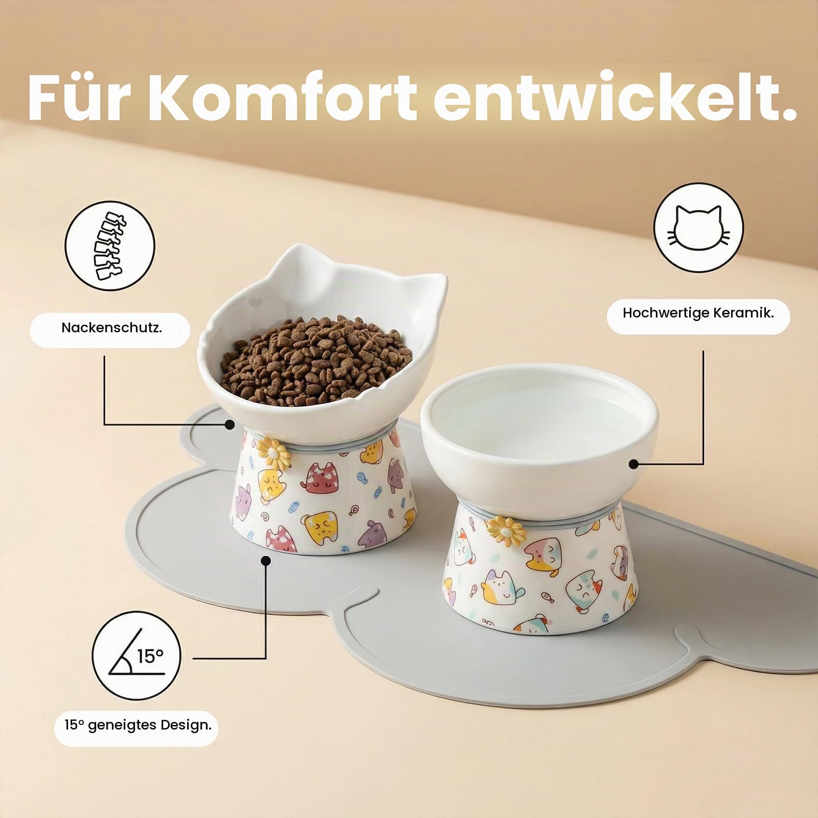 2 Stück Erhöhte Keramik-Katzennäpfe, 15° erhöhter Katzennapf, Schutz der Wirbelsäule des Haustieres, Futternapf für Haustiere, Futternapf für Wohnungskatzen und kleine Hunde (Katze)