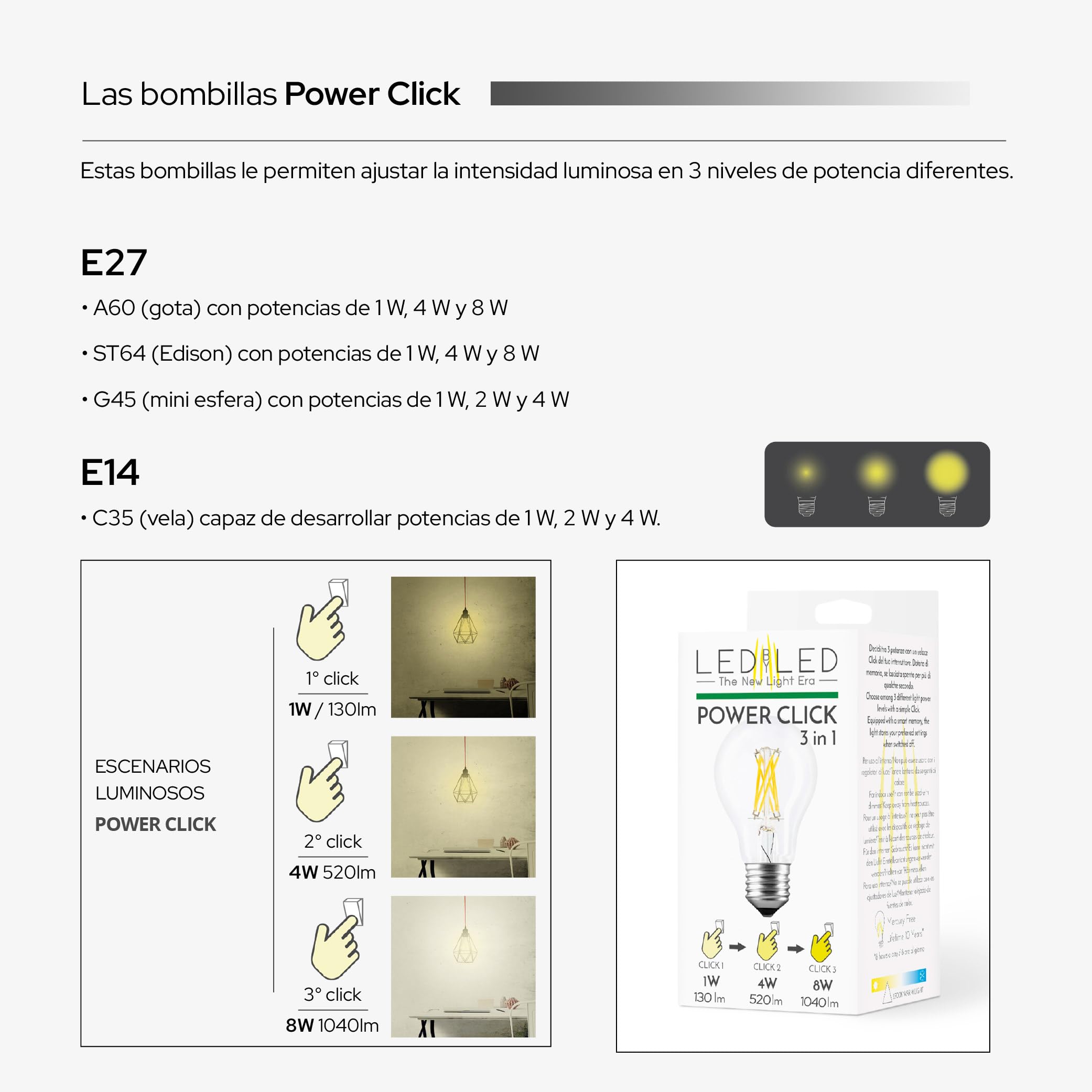 Bombilla Smart Goccia Power Click 2-4-8W, E27, vidrio transparente, intensidad regulable, 2700K luz cálida, filamento LED recto, 960 lúmenes, paquete de 10 unidades