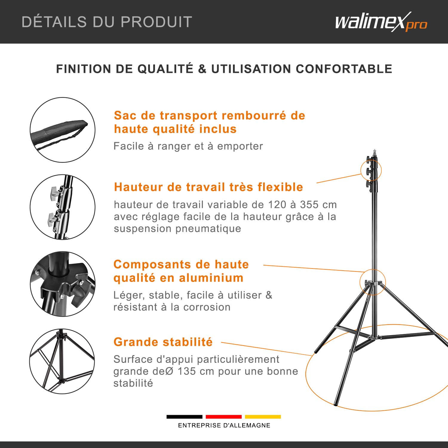 Walimex pro AIR 355 pied de lampe - avec suspension pneumatique, hauteur maximale 355 cm, capacité de charge de 8 kg, très haut et stable, aluminium, pour studio de photographie extérieur, noir