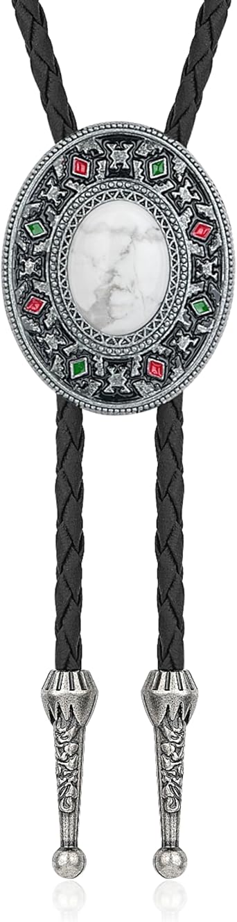 Vintage Cowboy Bolo Tie for Men, Western Leather Necktie with Natural Stone, Retro Cowgirl Costume Accessory for Women 4# White