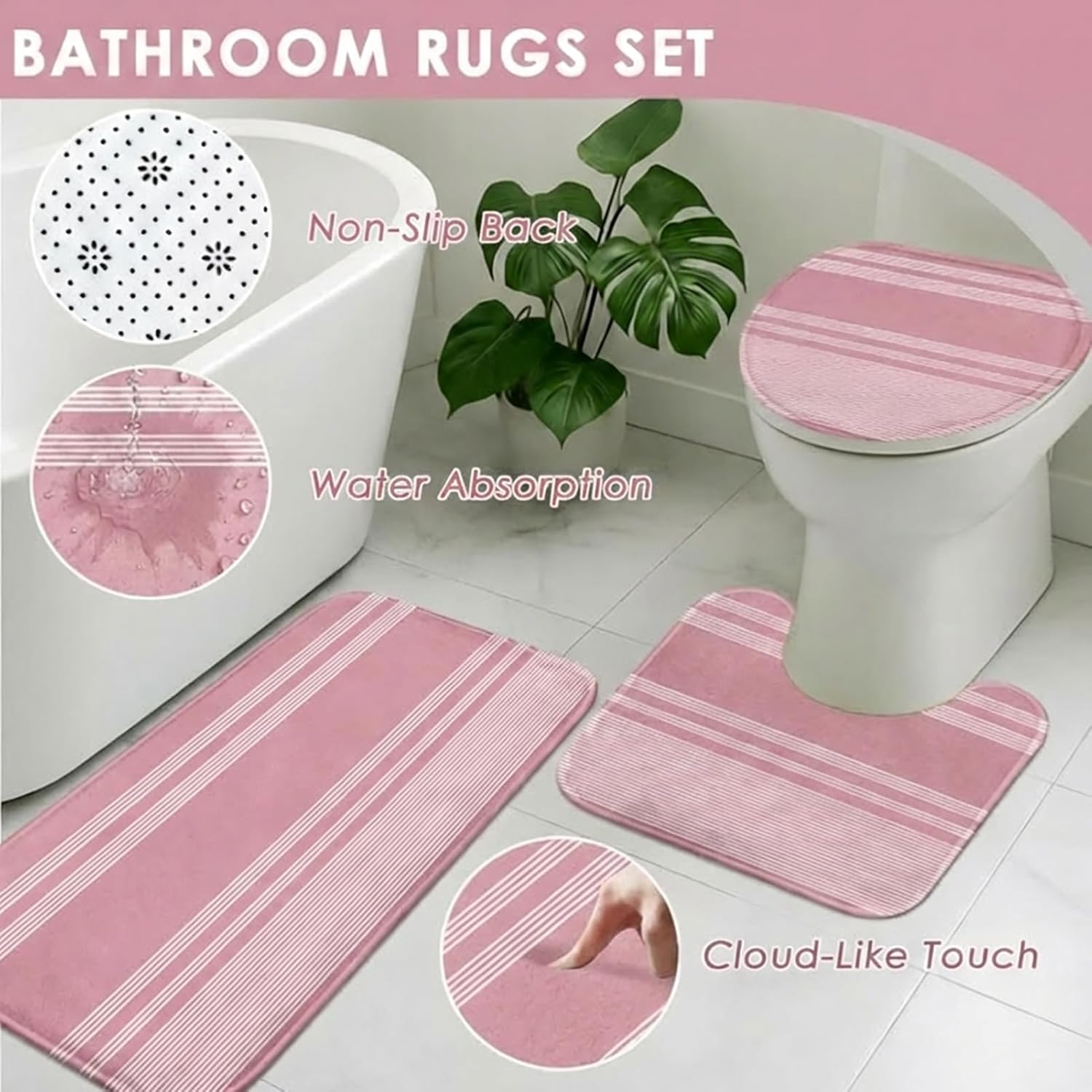 Pink Bathroom Decor and Accessories Set, Striped Shower Curtain and Rug Set with Trash Can, Soap Dispenser, Soap Dish, Toothbrush Holder, Toothbrush Cup, Toilet Brush