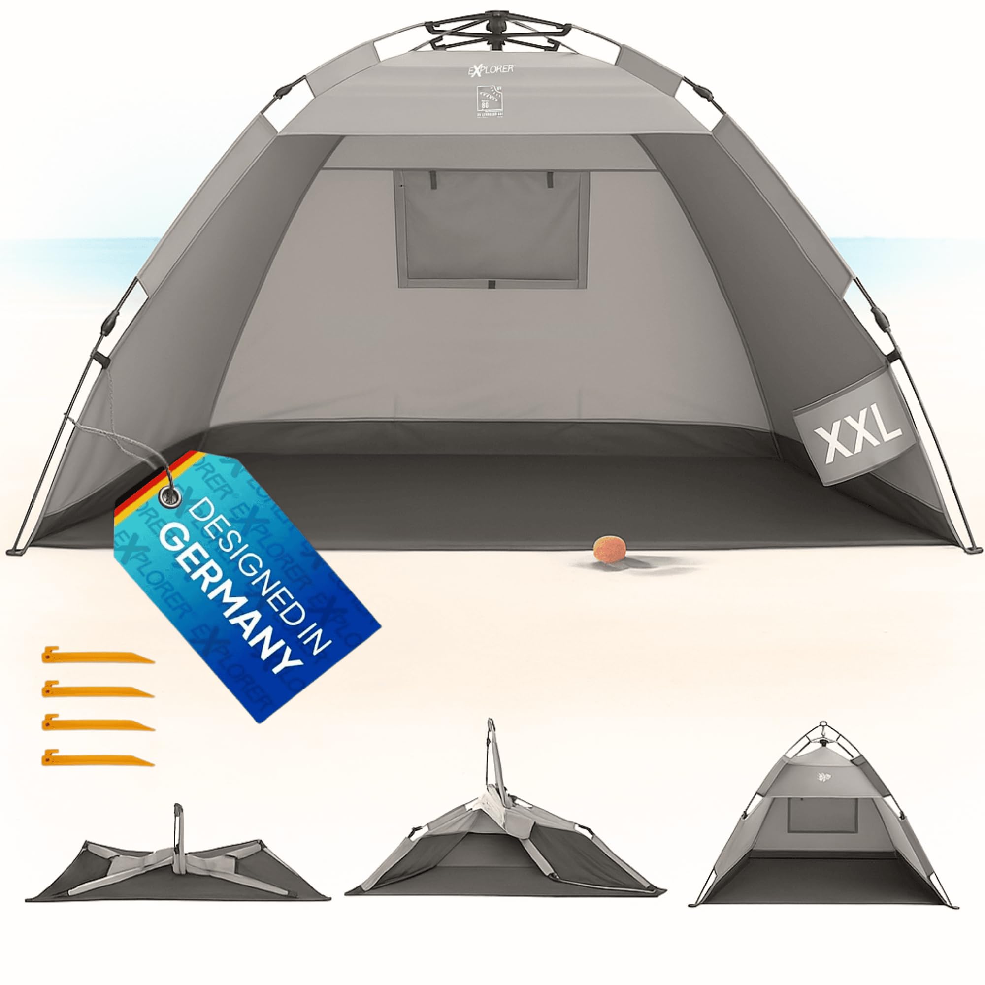EXPLORER Automatik Strandmuschel mit UV Schutz 80+ kleines Packmaß leicht und schnell in Sekunden aufgebautes Strandzelt Sonnenschutz Muschel automatisch Windschutz