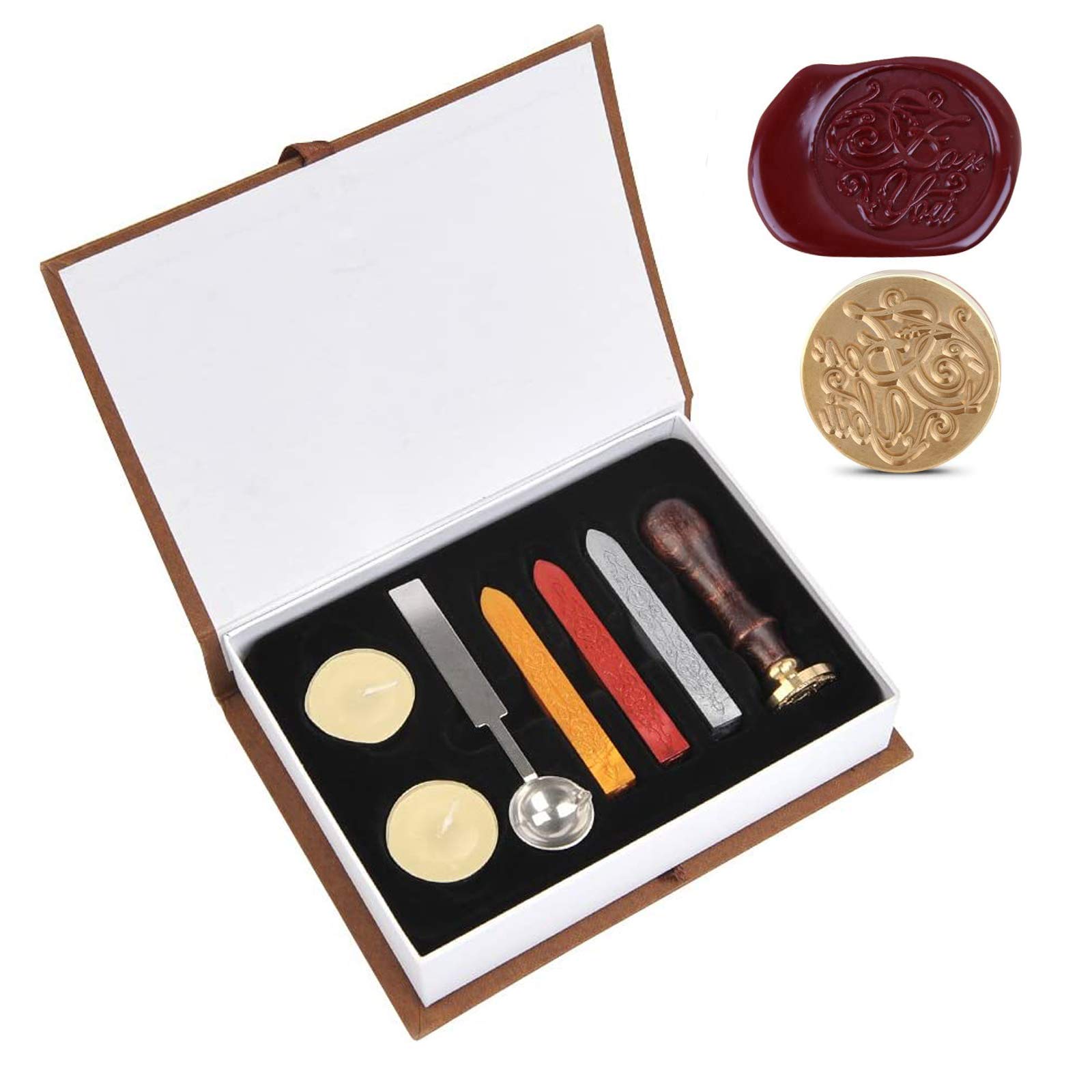 Wax Sealing Stamp Kit,Classic Vintage Seal Wax Set,with 1 Piece Wooden Handle Copper Seal,3 Pieces Wax,1Piece Melting Spoon and 2 Pieces White Candles,for Envelope,Postcard,Wedding Invitation