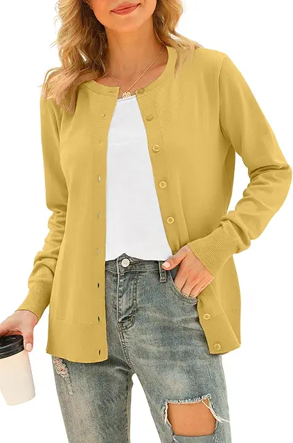 Gilet femme coton cardigan tricoté manches longues boutonné col rond pull léger couleur unie