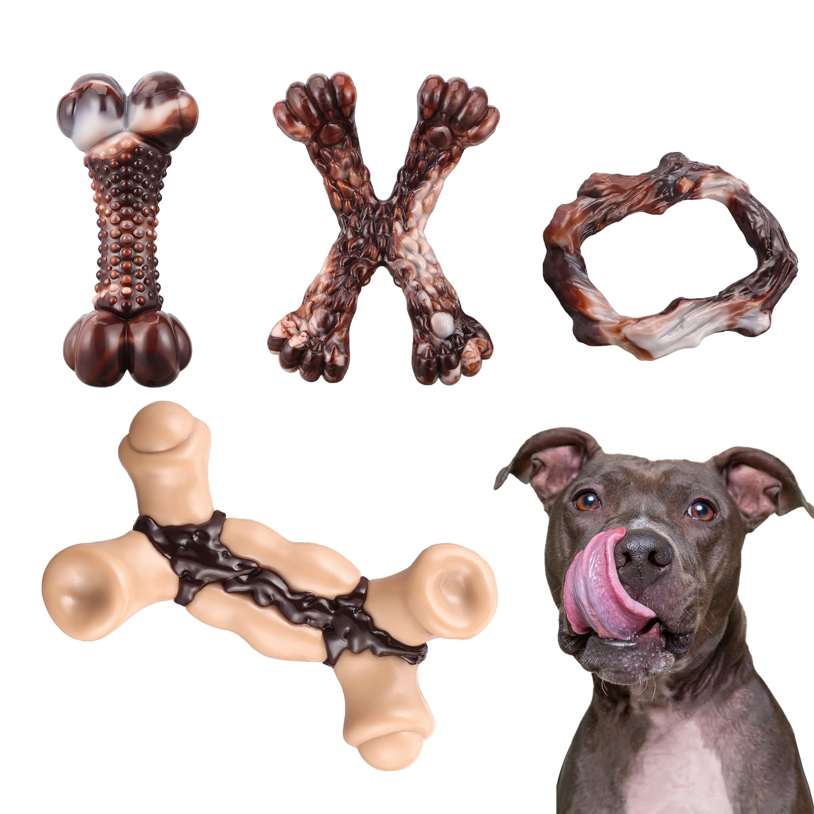 AGGERDOT Indestructible Dog Toys for Aggressive Chewers, Tough Nylon Dog Chew Toys for Large Dogs, Durable Bacon Flavored Dog Bones, 4 Pack
