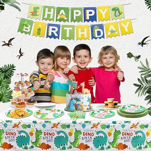 Miniatura 2 de Juego de 160 suministros para fiesta de cumpleaños de dinosaurio, juego de vajilla temática de dinosaurio, platos de feliz cumpleaños, platos de