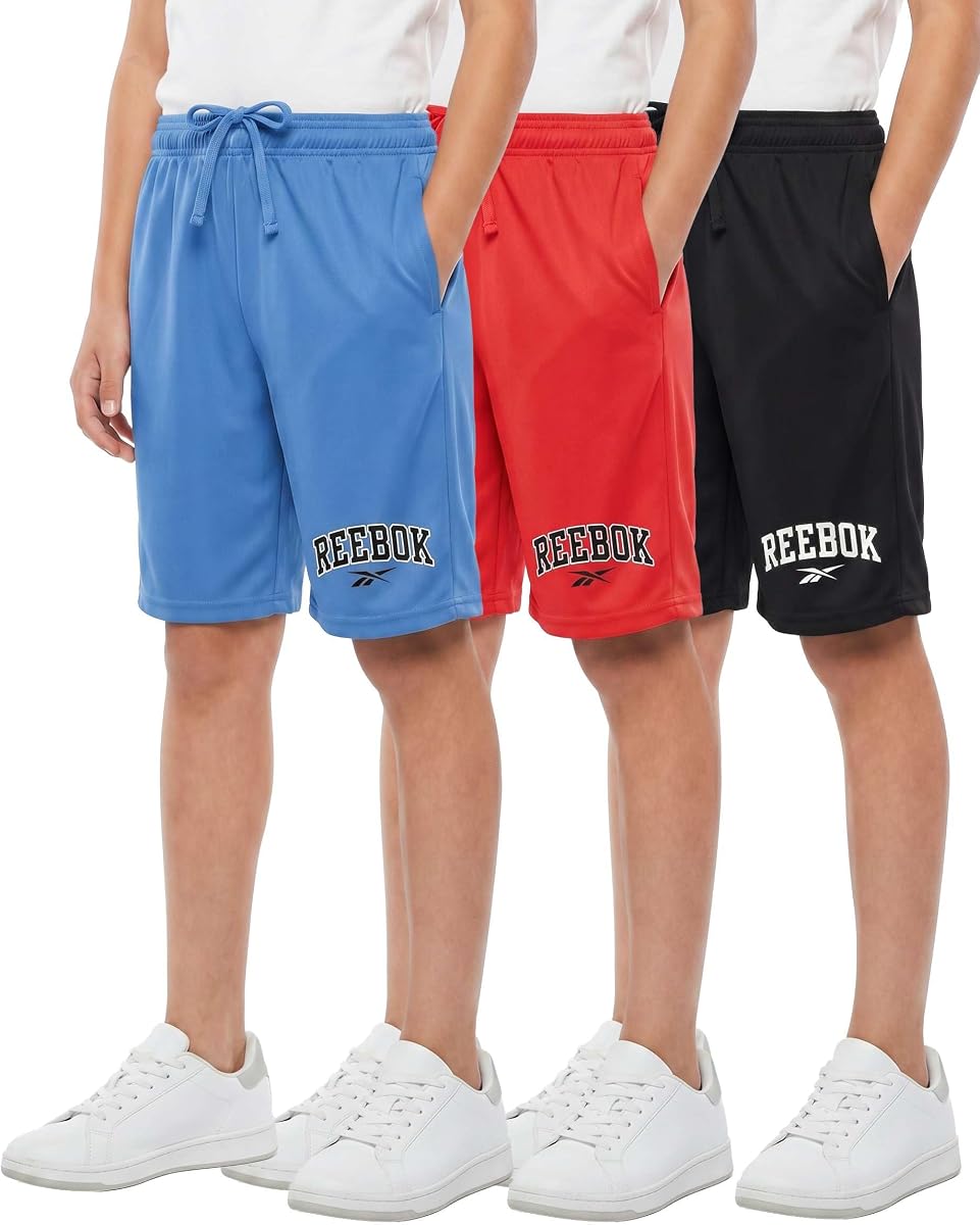 Reebok Pack de 3 pantalones cortos deportivos Dry Fit para niño, con bolsillos para correr y baloncesto para adolescentes | Disponible en tallas 6-16, Niños, Fútbol, Béisbol, Gimnasio, Deportes, Activo, Rendimiento, Secado rápido, Absorbe la humedad