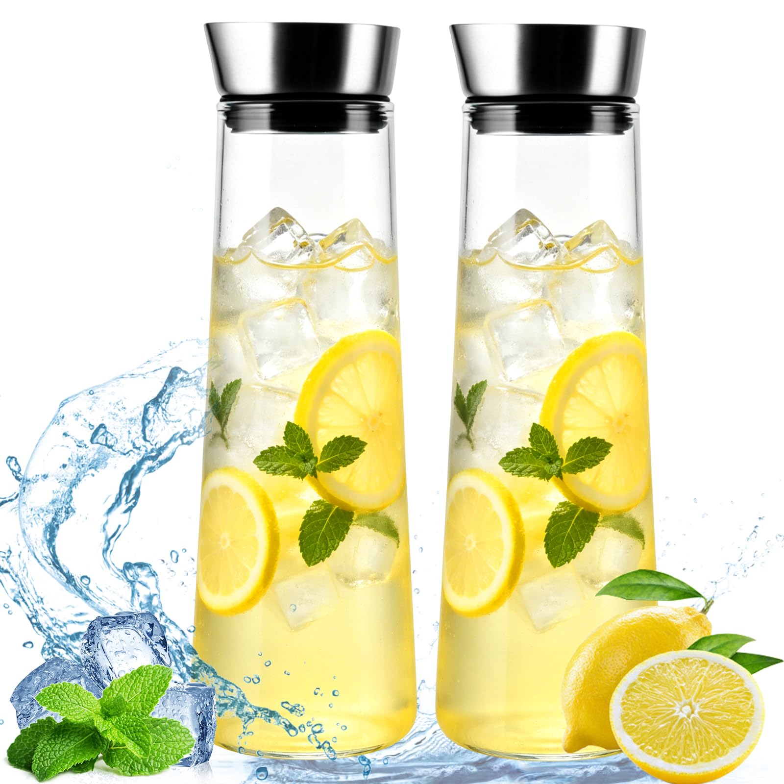 APACALI 2 caraffe per acqua in vetro con coperchio, caraffa in vetro da 1,5 litri, coperchio in vetro in acciaio inox, caraffa in vetro per bevande fatte in casa, tè freddo, latte, caffè e vino