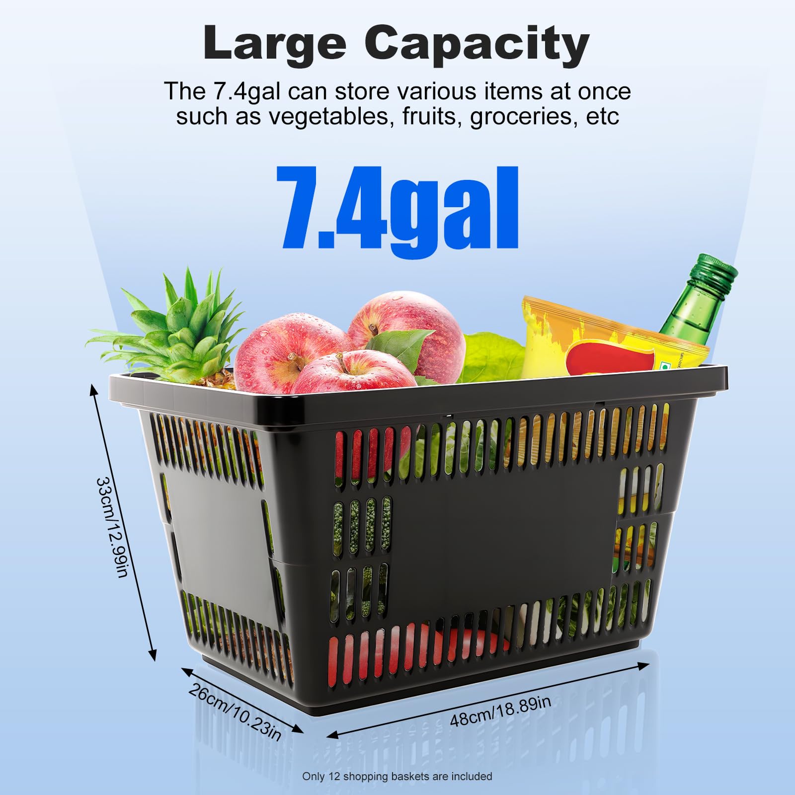 12 cestas de plástico de color negro, apilables con capacidad de 28 L, para supermercado, librería y venta al por menor