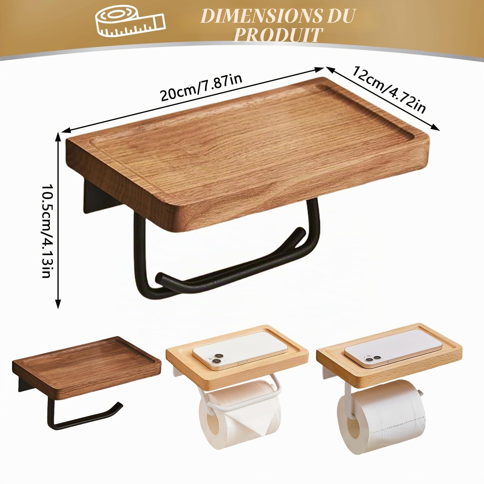 Toilettenpapierhalter zur Wandmontage, mit Kleber und Schrauben, stilvoller Taschentuch-Organizer aus Holz mit Ablage, Edelstahl-Papierrollenspender für Badezimmer (A, Weiß)