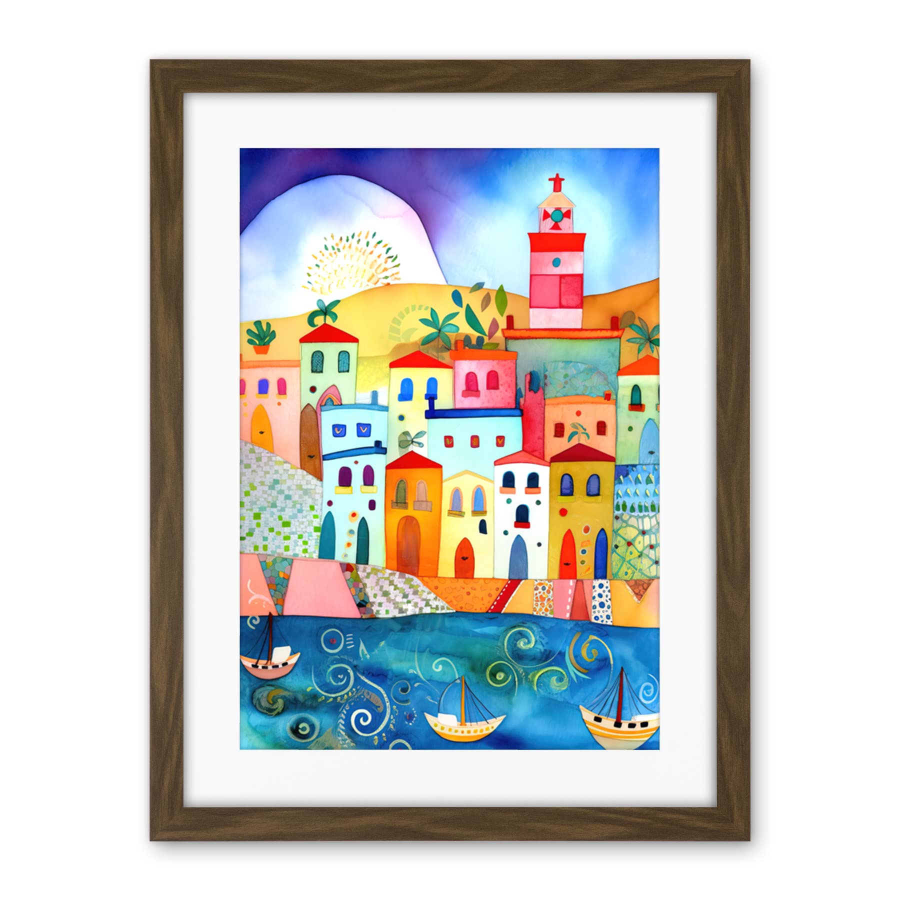 Artery8 Tunisia Seaside Town Folk Art Artwork Framed Wall Art Print 18X24 Inch