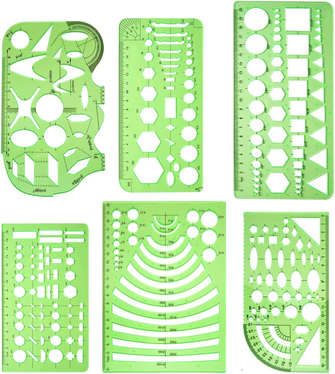 Measuring Templates - Geometry Stencils Template - Geometric Shape Drawing Rulers Tool Kit for Office and School, Building Formwork, Drafting Templates (6 PCS)
