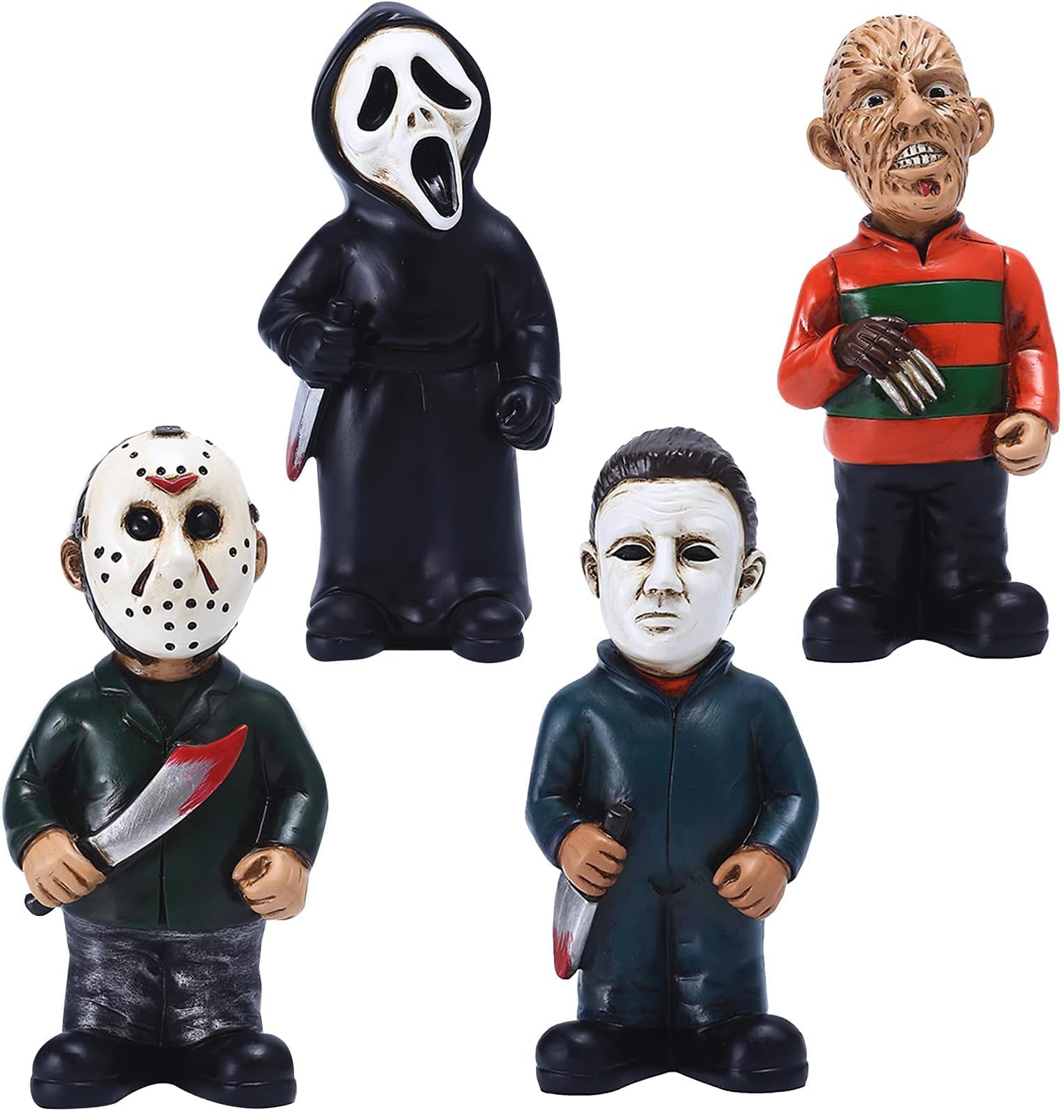 SINSEN Horror Movie Garden Gnomes Nightmares Michael Myers Jason Statues Killer Scream Spooky Figurines Resin Sculpture for Halloween Christmas Garden Yard Decorations (4 PCS)