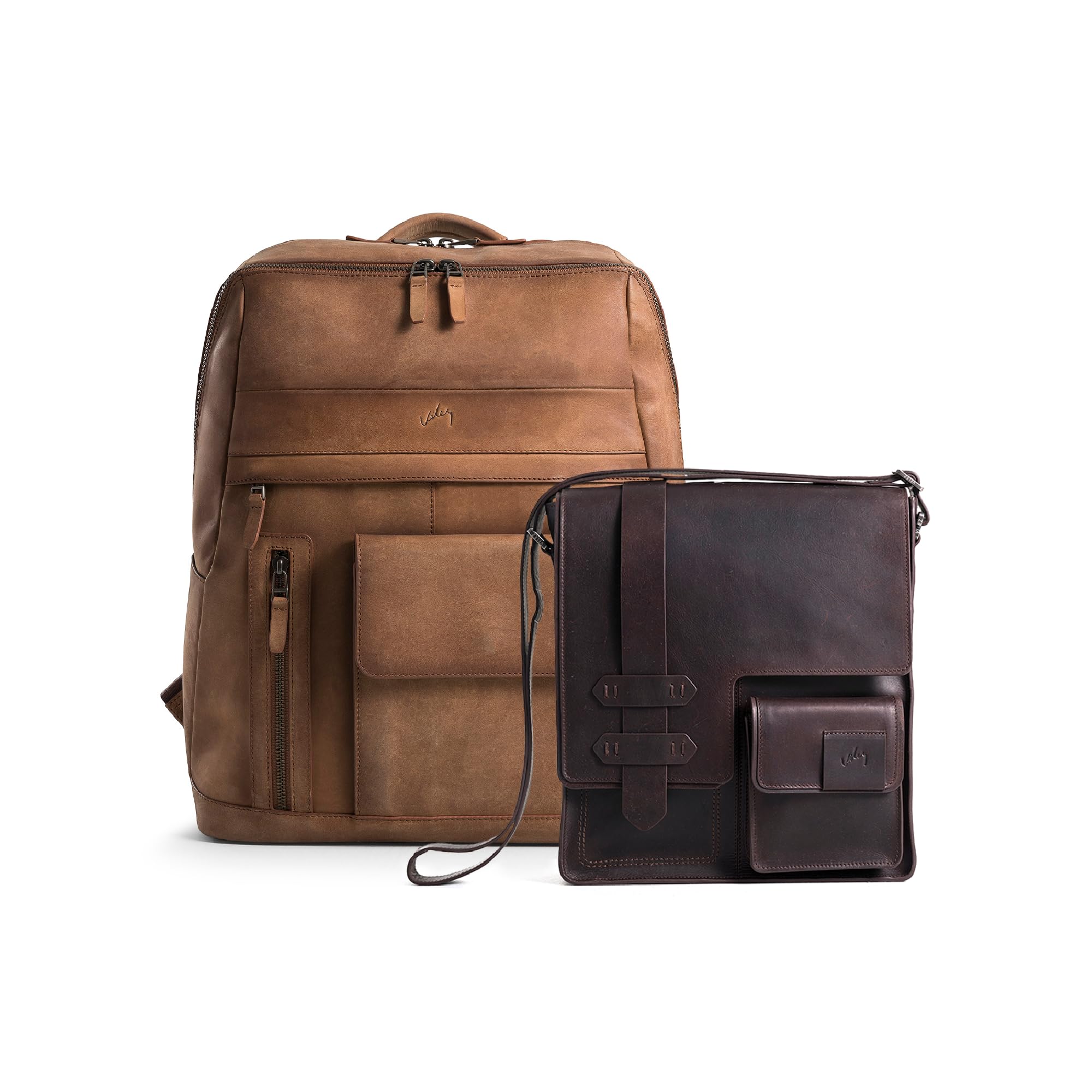 VELEZBrown Top Grain Leather Backpack Casual Daypack + Dark Brown Small Messenger Bag For Men