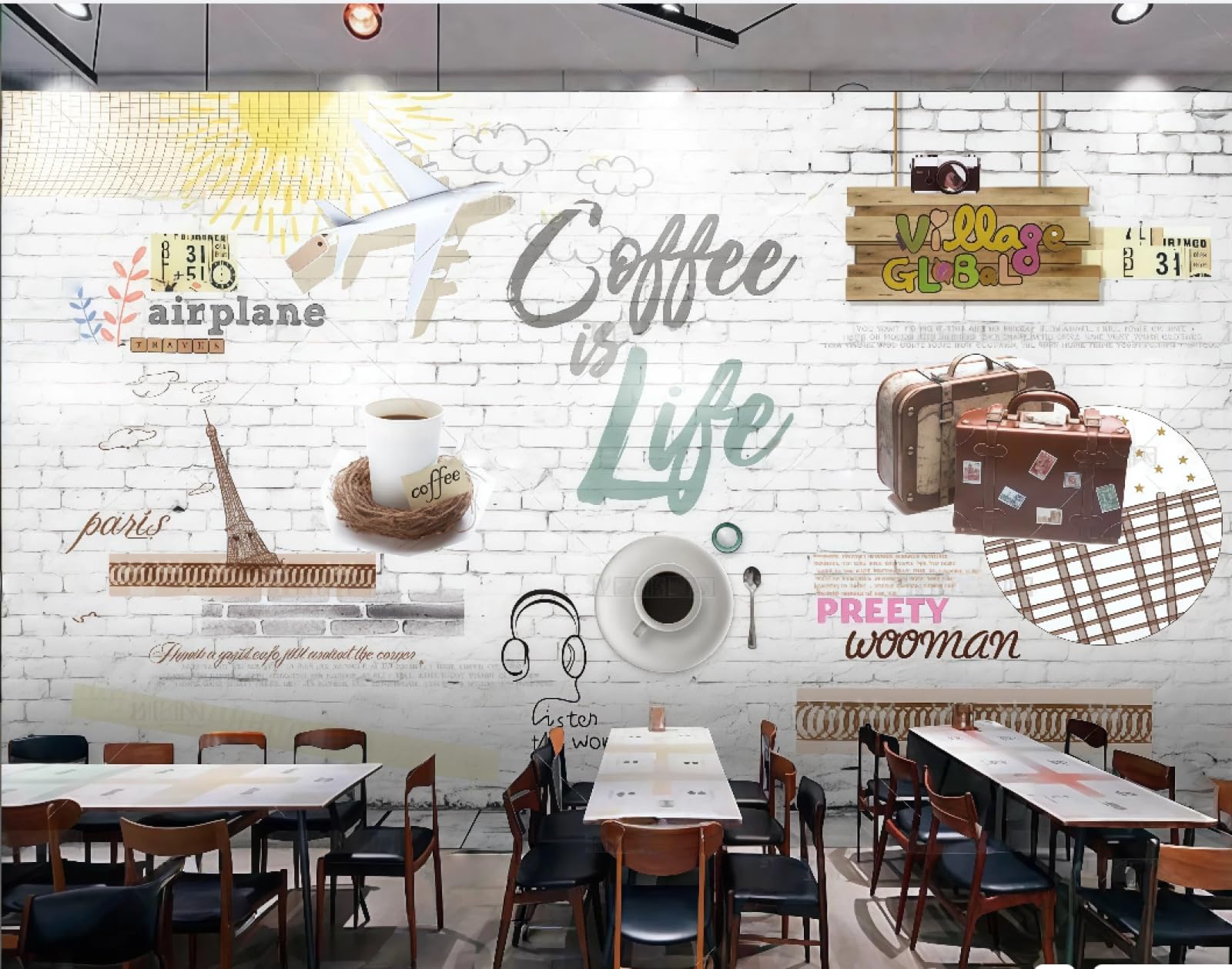 rskjdghshd Wallpaper Brick Wall Hand-Painted Coffee Letters Dessert House Afternoon Tea Burger Shop Bar Background Wall Western Restaurant Wallpaper Cafe Mural,3D,250x175cm