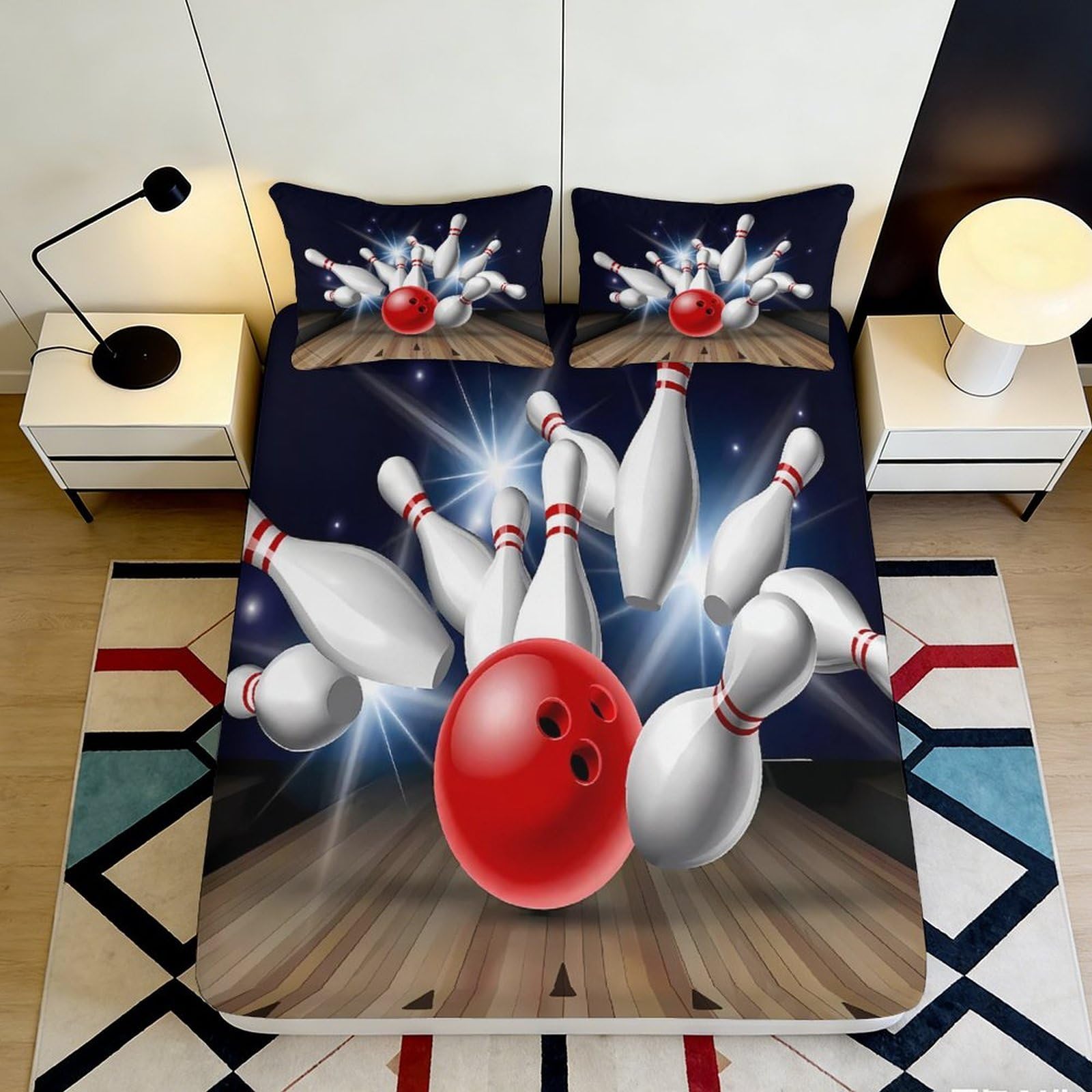 3D Printed Bowling Strike Fitted Sheet Microfiber Red Ball Pin Pattern Mattress Cover Anti-Slip Machine Washable for Bedroom Dorm Decor 140x200x25cm
