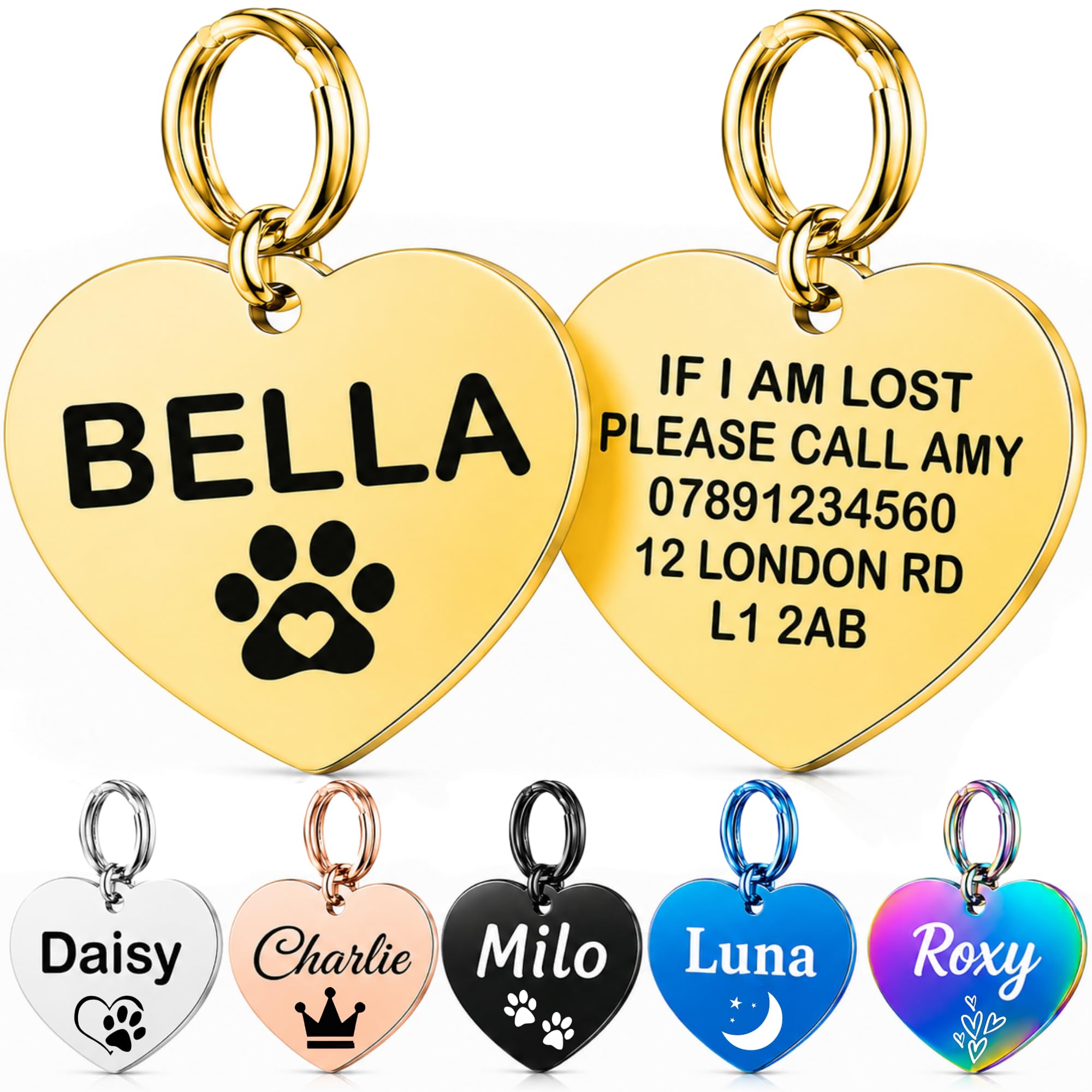 Personalised Dog Tags for Pets UK Prime, Deep Engraved Stainless Steel Cat & Dog Name ID Tags, Custom Anti-Lost Pet Tag, Scratch Rust & Fade Resistant for Puppy Kitten (Gold Heart, L)