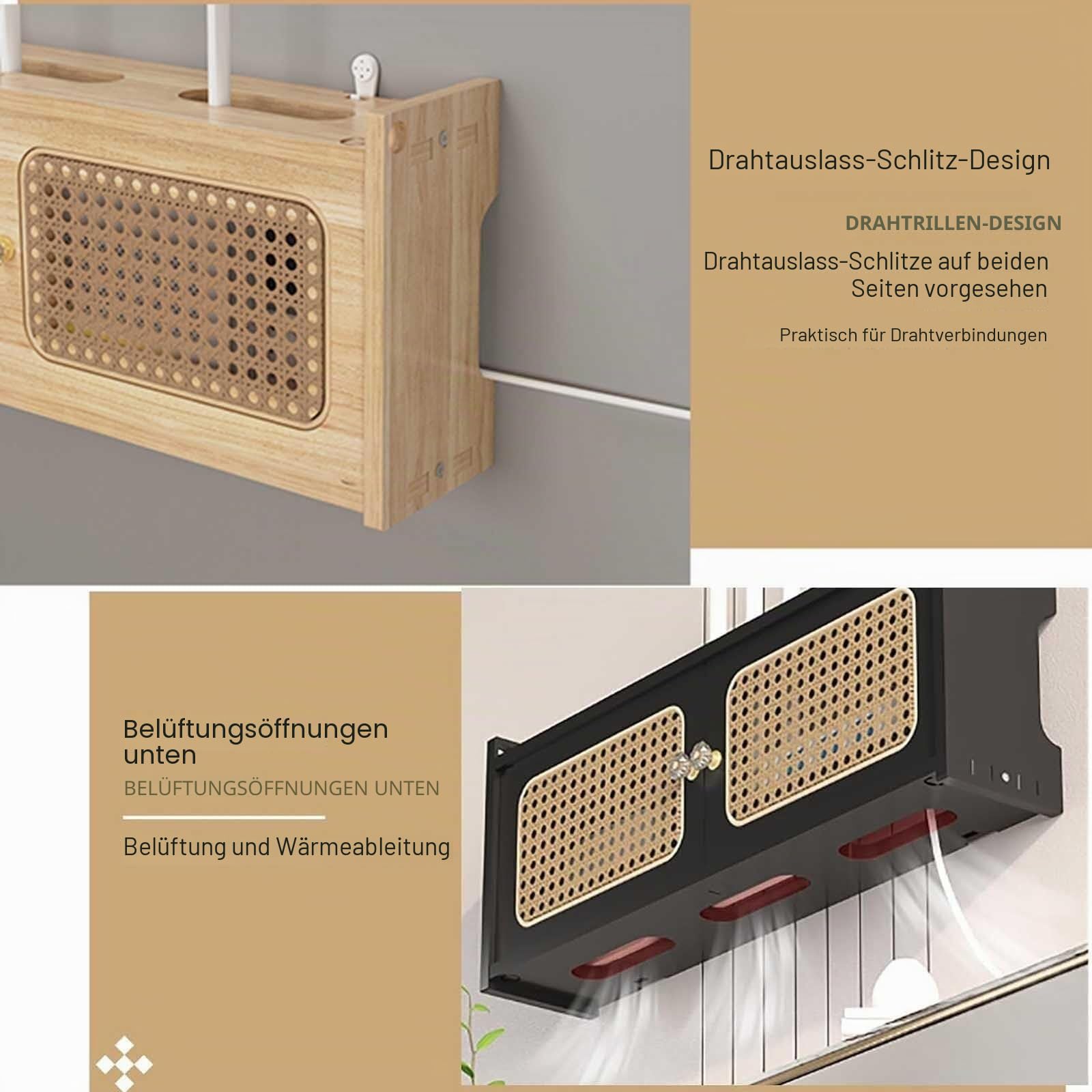 Cable Management Box Wandhalterung Aufbewahrungsbox für WiFi Router Kabel Steckdosen Verstecken Router Schrank aus Holz & Rattan Router Regal für Mediacenter Router Box Signalfreundlich(40x11.5x23cm)