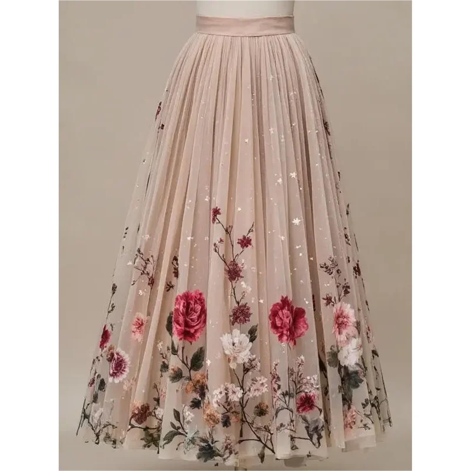 Gonna Ampia da Donna in Rete con Stampa Floreale, a Trapezio, a Vita Alta, di Media Lunghezza per Donna