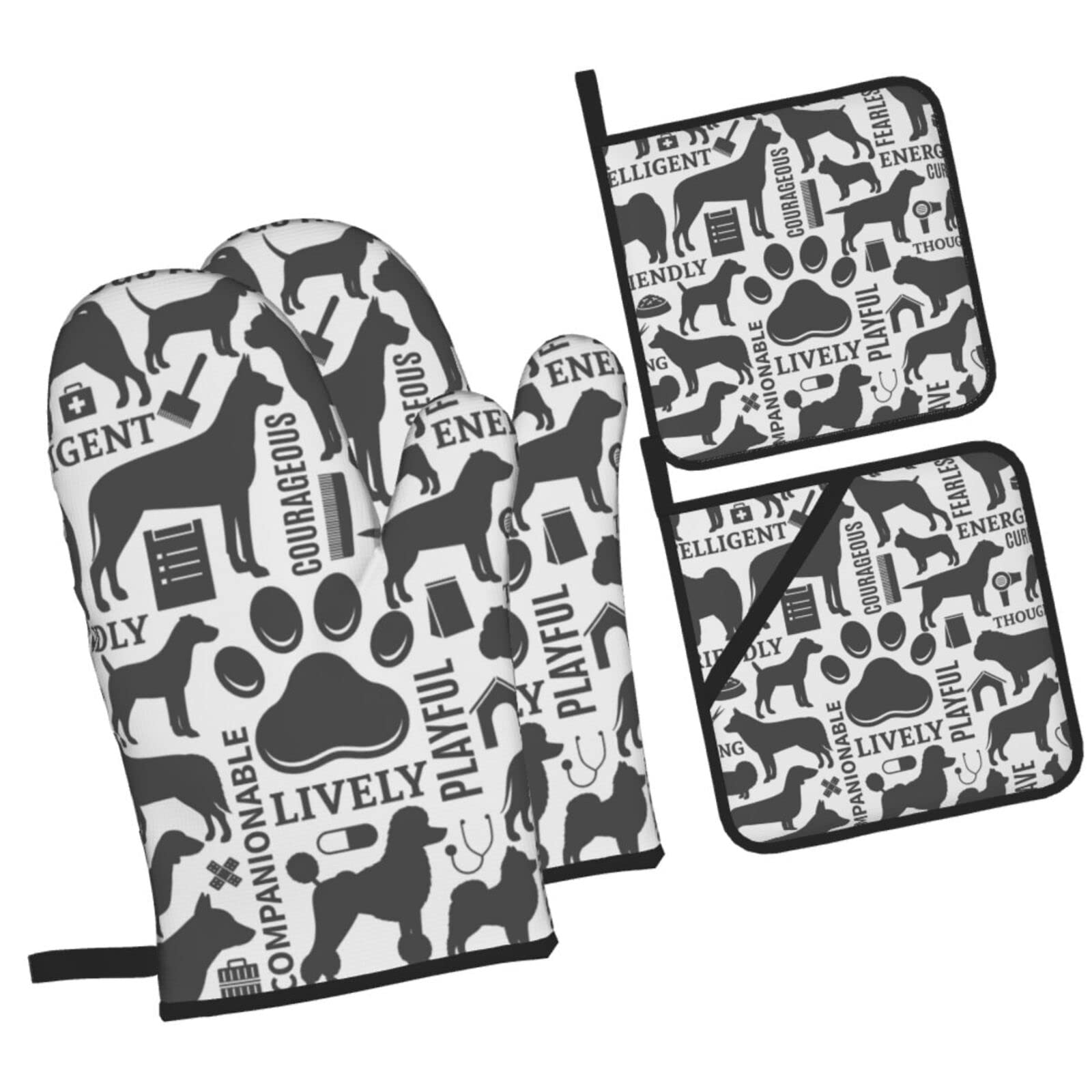 Vector Dog Pattern Oven Mitts and Pot Holders Sets, Christmas Oven Mitt Kitchen Heat Resistant Non-Slip Pot Holders Set for Cooking Baking BBQ