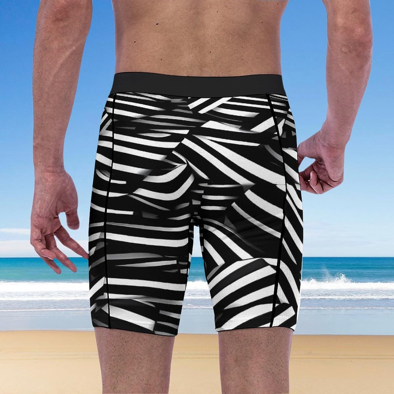 Black and White Lines Compression Shorts Men Spandex Sport Shorts Workout Performance Baselayer Underwear