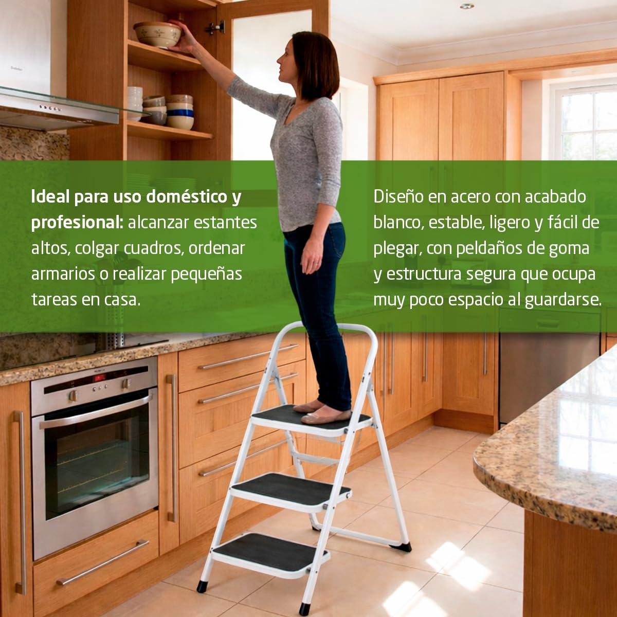 Amig - Escalera Plegable - Taburete de Acero con 3 Peldaños Antideslizantes – Medidas: 72 x 65 x 101 cm - 150 kg - Acabado Blanco con Protectores Negros – para Uso Profesional y Doméstico