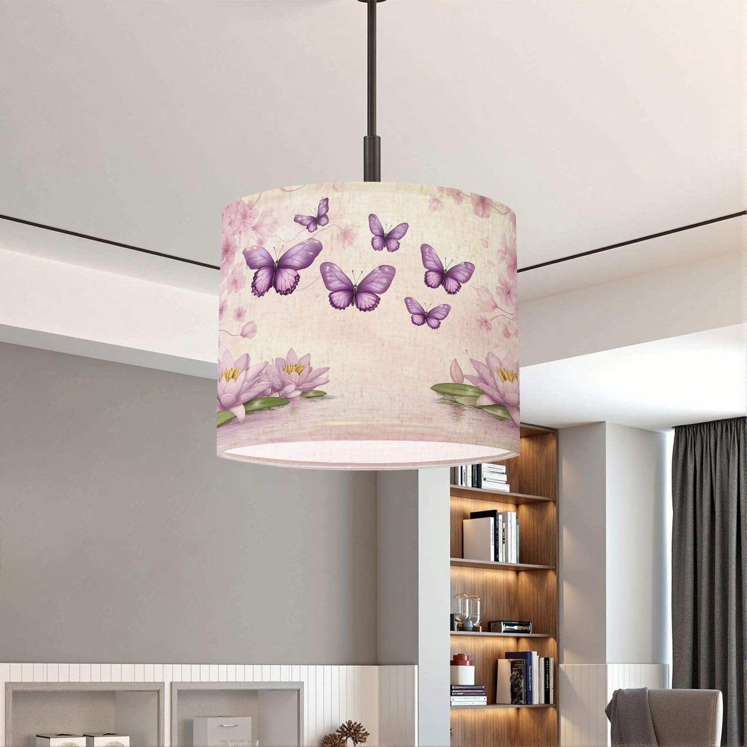 Purple Lampshades Floral Lamp Shades set of 2 Blooming Lilies Butterflies Wall Art Soft Pastels Light Shade for Table Lamps Floor Lamps Drum Lamp Shades Lampshade Replacement