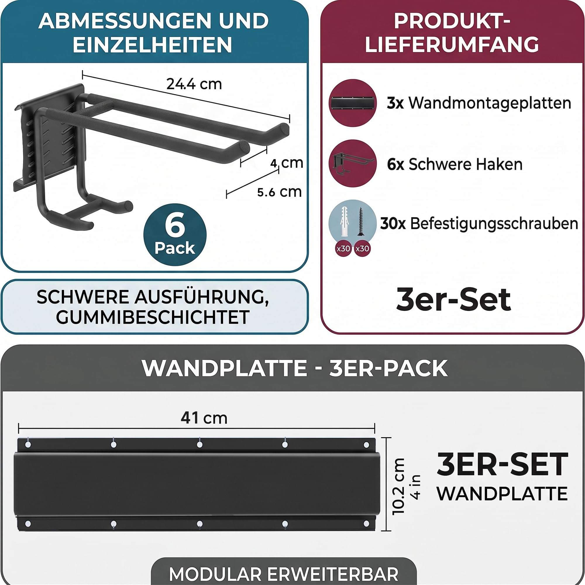 Gerätehalter Wandhalterung 122cm, 160kg Schwerlast, Gartengeräte & Skihalterung | 6 verstellbare Haken, Anti-Rutsch-Beschichtung, multifunktional (Garten & Ski), Hochleistungs-Stahl