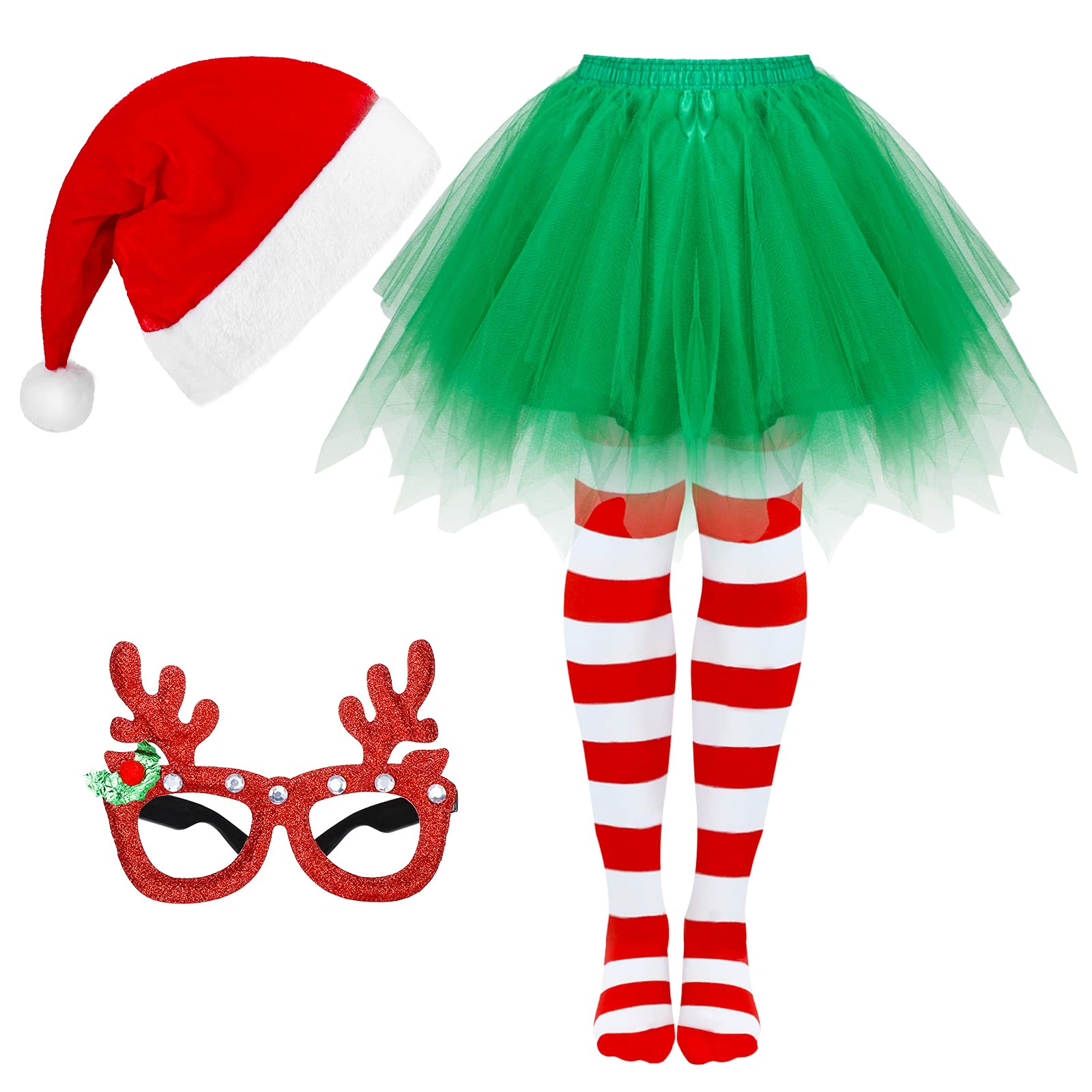 SATINIORChristmas Costume Set Santa Hat Tutu Skirt Striped Tights Glitter Frame Christmas Glasses for Women