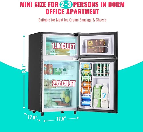 Miniatura 4 de WANAI Refrigerador pequeño con congelador de 3.5 pies cúbicos, mini refrigerador con congelador en la parte superior, doble puerta, pequeño