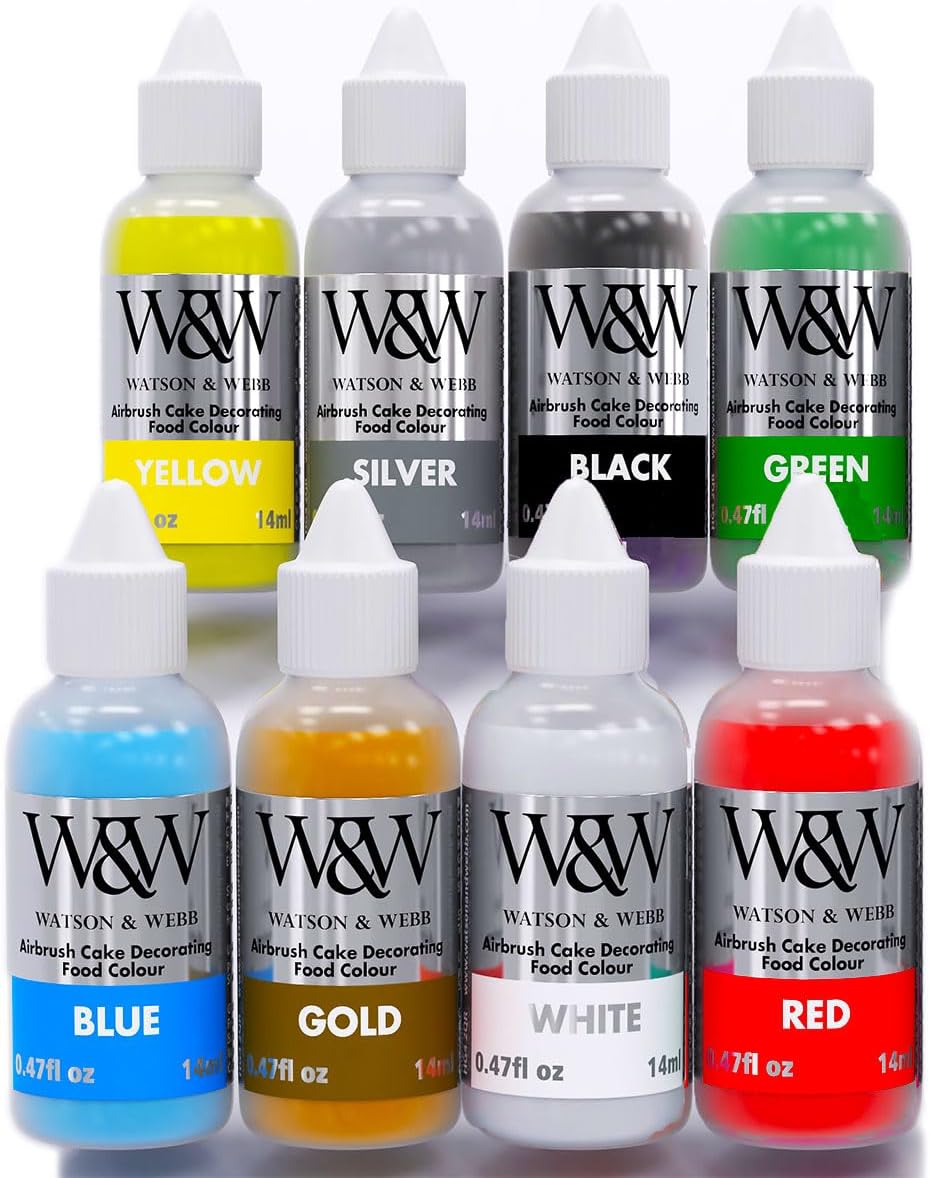 Airbrush Food Coloring Set Gluten Nut & Lactose Free. Vegan - Non-Clogging Edible Paints for Decorating Cupcakes, Sweets, Chocolate, Cakes, Donuts, Cookies & Biscuit Bakes. (8 bottle matt)