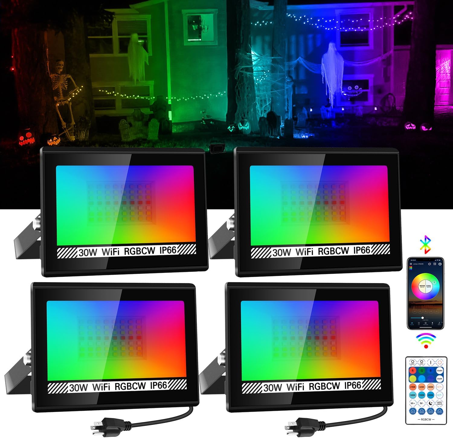 RGB LED Flood Light Outdoor 300W Equivalent, 30W Bluetooth RGBCW Smart Floodlights 2700K, 16 Million Color Changing, Timing, Music Sync, IP66 Waterprrof Landscape Lighting with US Plug (4 Pack)