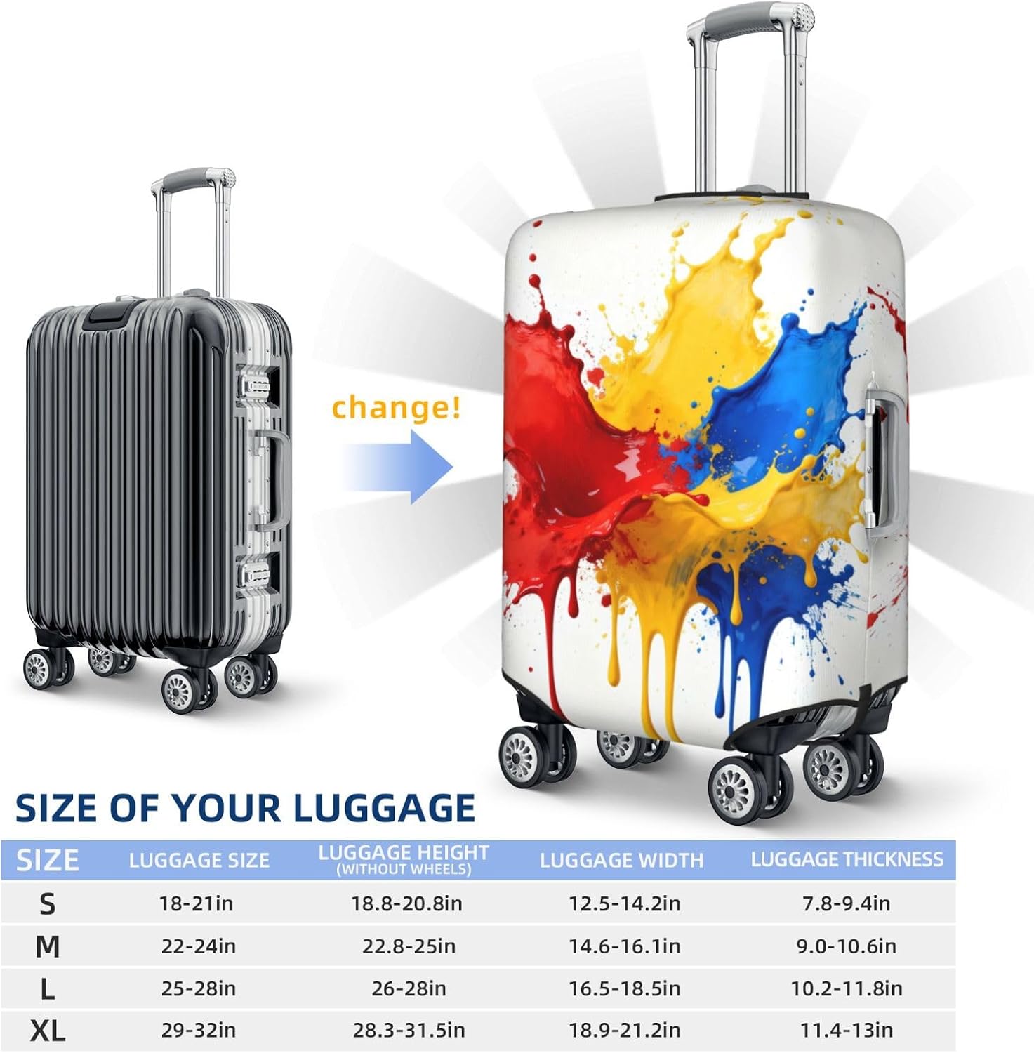 Colored inkprint Premium Suitcase Cover | Durable Polyester Elastic Luggage Cover With Zipper & Buckle, Travel Suitcase Protector For Medium Large Bags