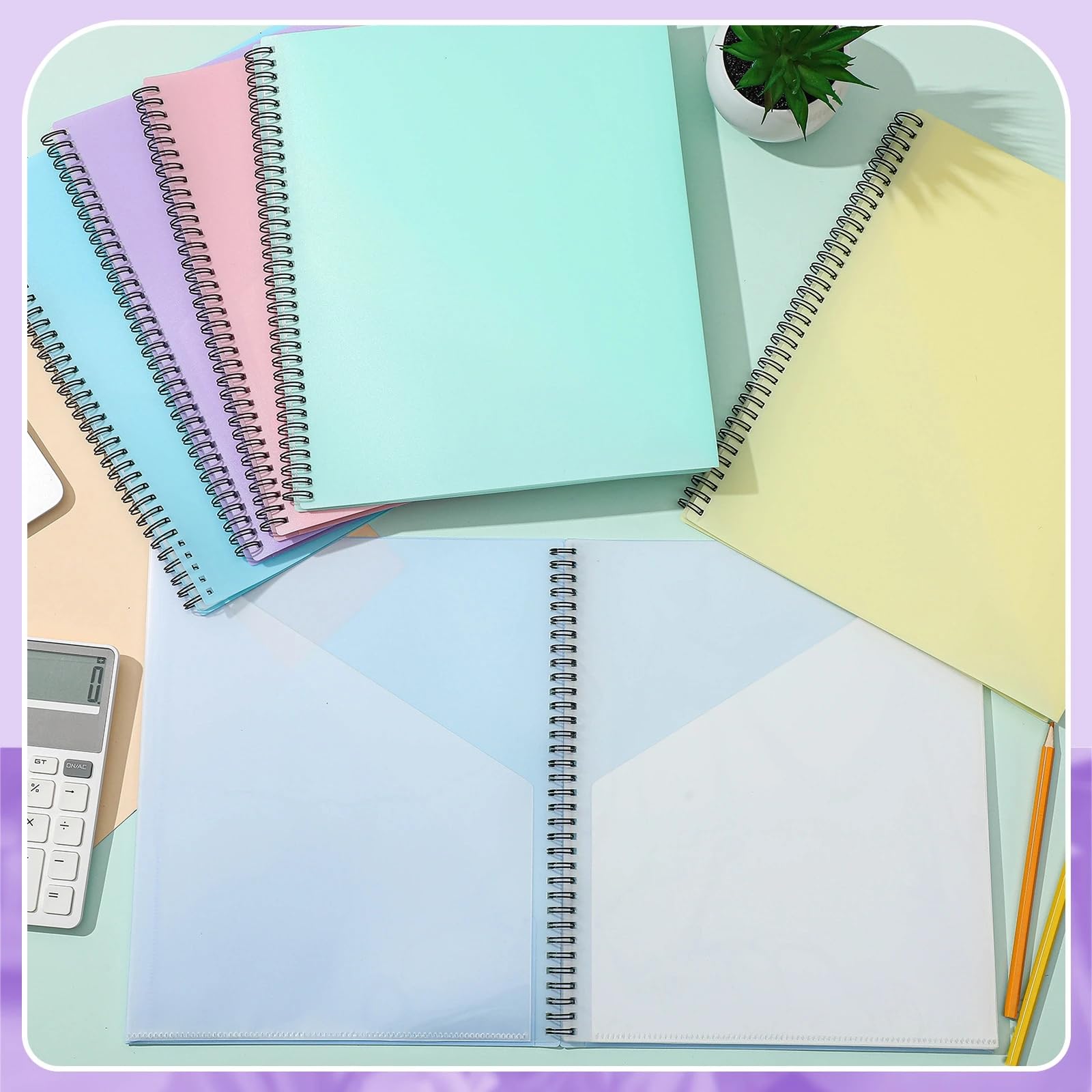 Qilery Lot de 6 chemises à spirales en plastique avec 18 poches pour documents, papiers, devoirs, classeurs, fournitures scolaires et de bureau (6 couleurs)