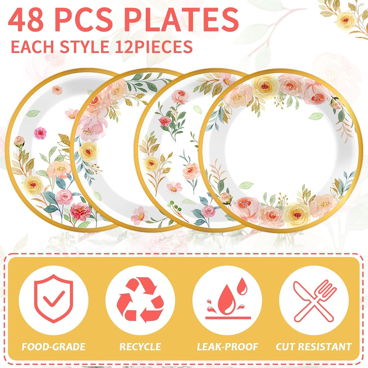 Naozinebi 48Pcs Floral Paper Plates Birthday Decorations 7 Inches Easter Disposable Dinner Plates Gold Foil Flower Spring Party Set for Wedding Bridal Shower Tea Party Birthday Decor Supply