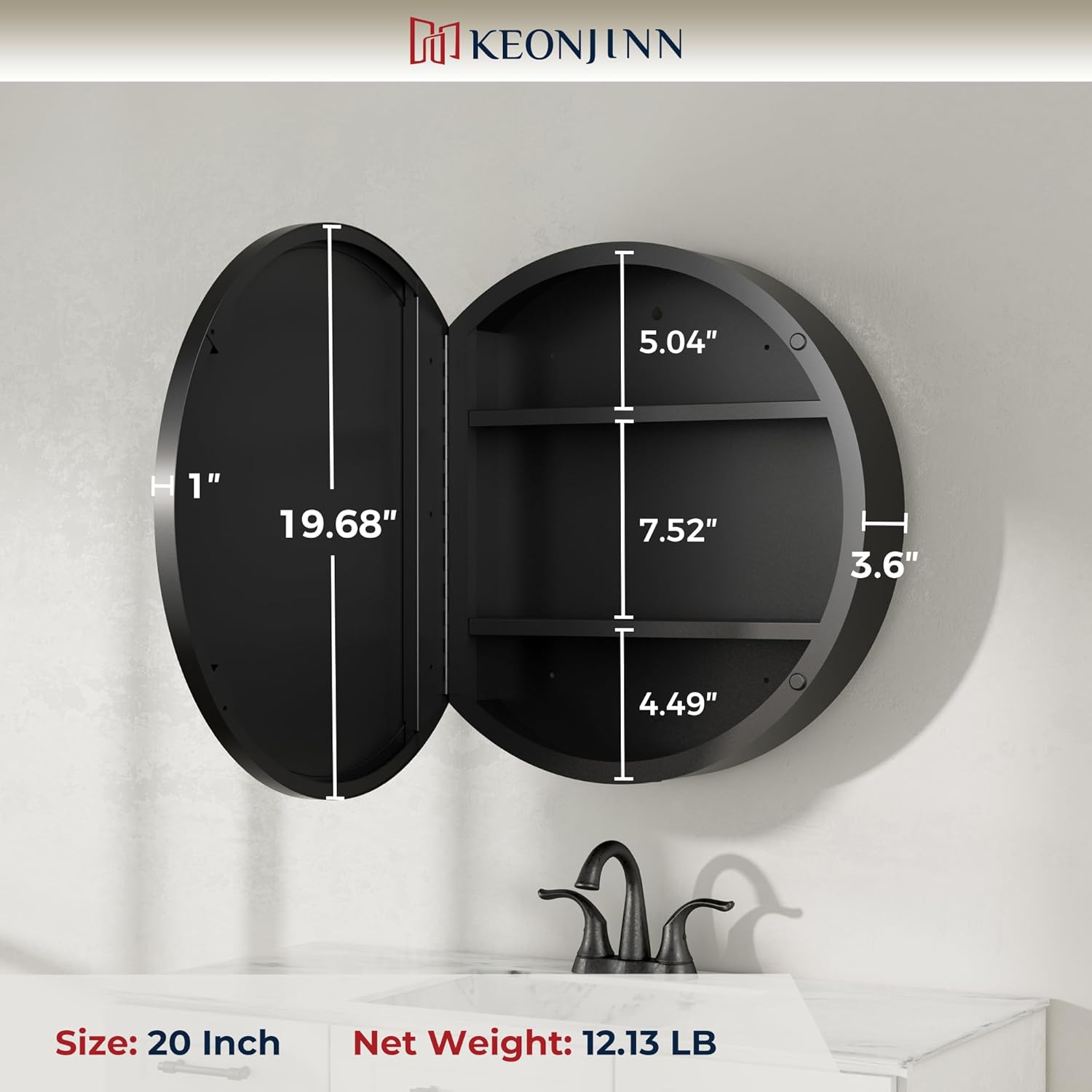 Keonjinn 20 Inch Round Medicine Cabinet with Mirror, Black Medicine Cabinet with Mirrors, Circular Surface Mount Medicine Cabinets, Framed Farmhouse Bathroom Cabinet with Adjustable Shelves